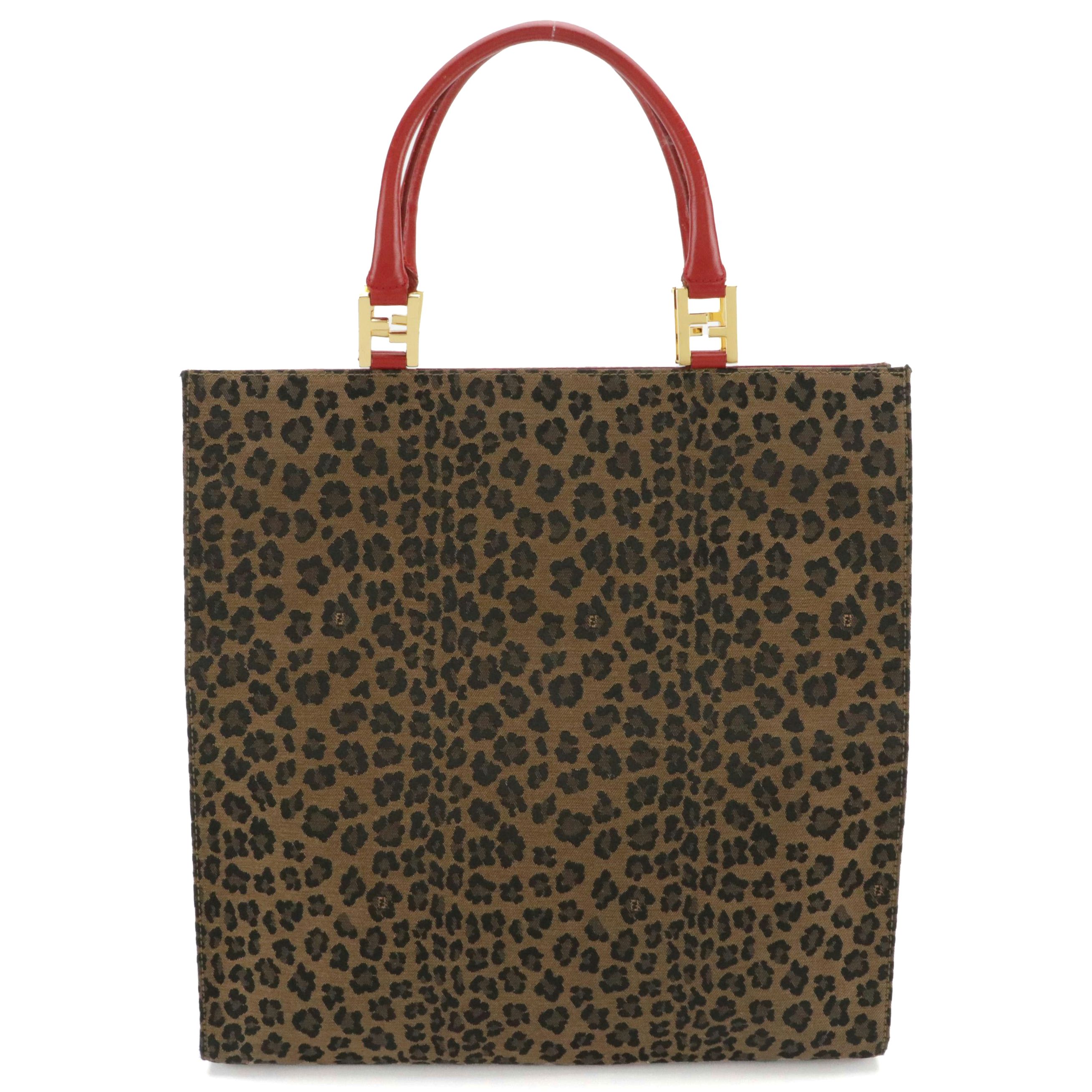Fendi Cheetah Printed Canvas and Red Leather Handle Vertical Tote