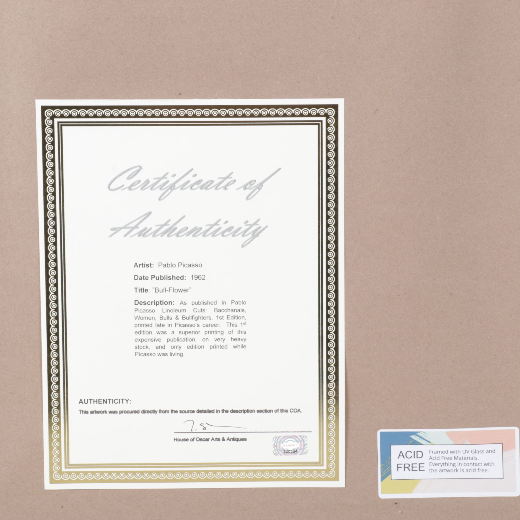 Pablo Picasso Linoleum Cut "Bull-Flowers," 1962