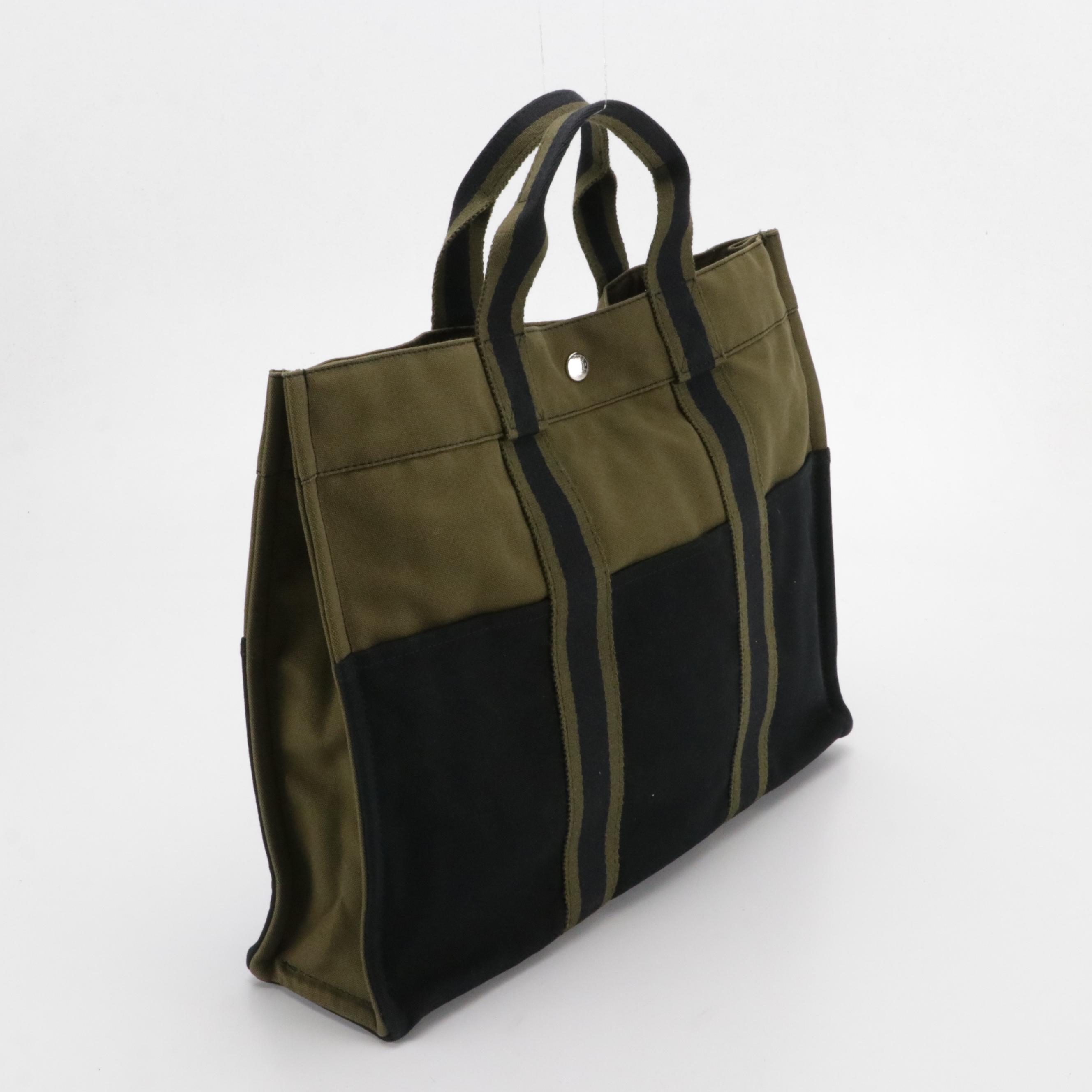 Hermès Fourre-Tout MM in Olive Green and Navy Cotton Canvas