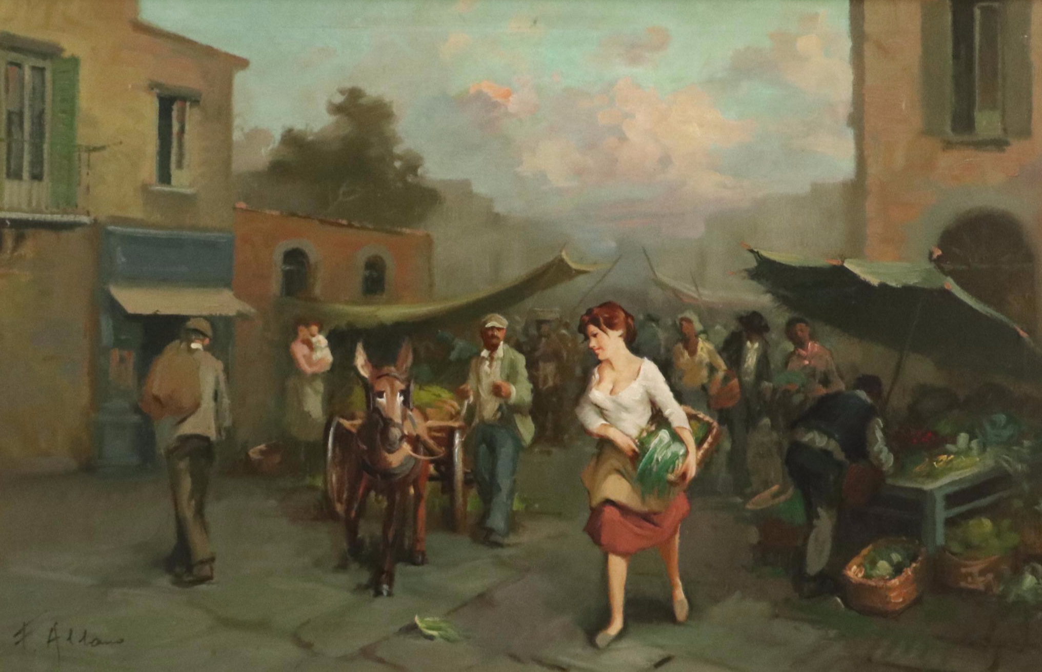 Oil Painting of Neapolitan Market Scene, Mid-20th Century