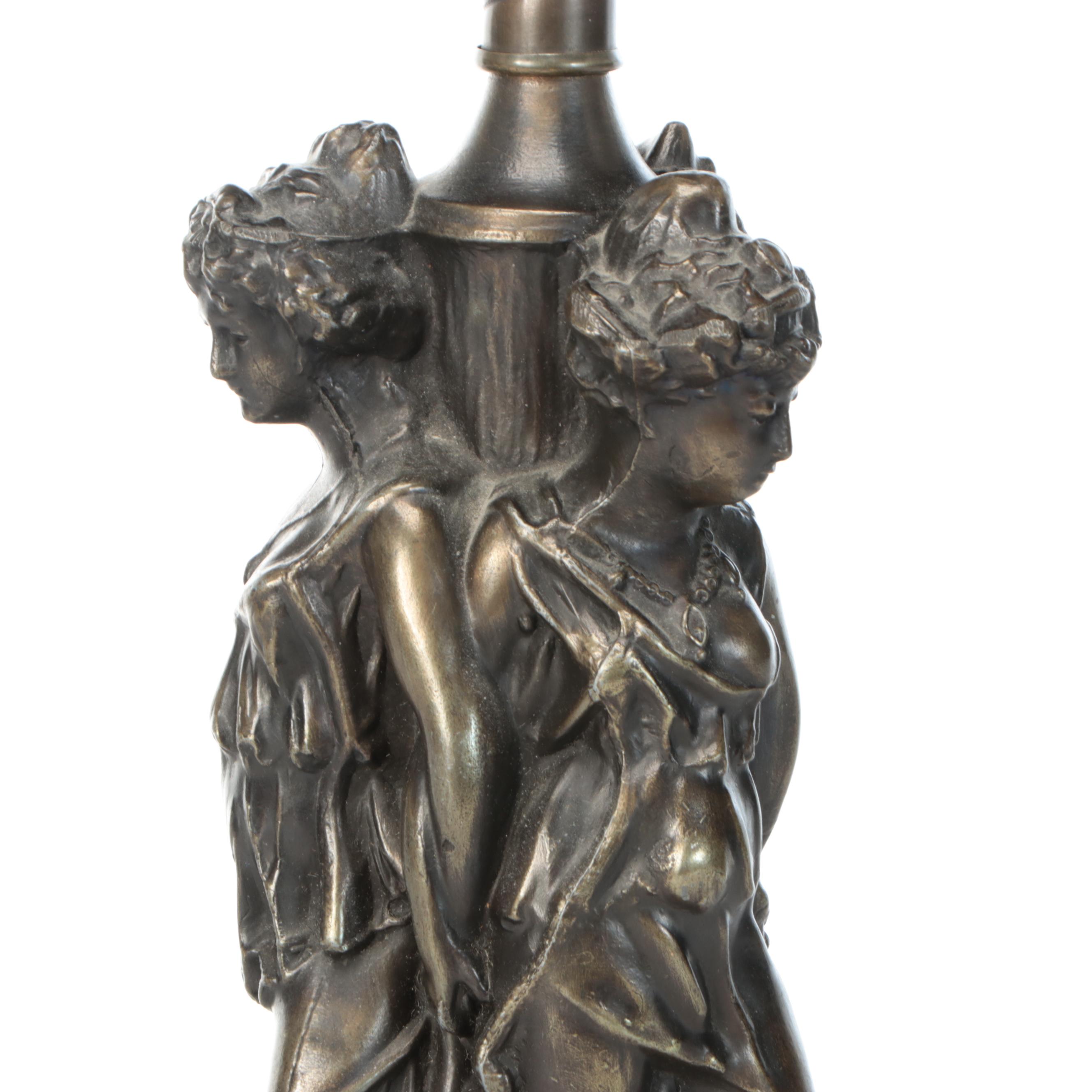 Art Nouveau Style "Three Graces" Bronzed Metal Table Lamp with Dual Shades