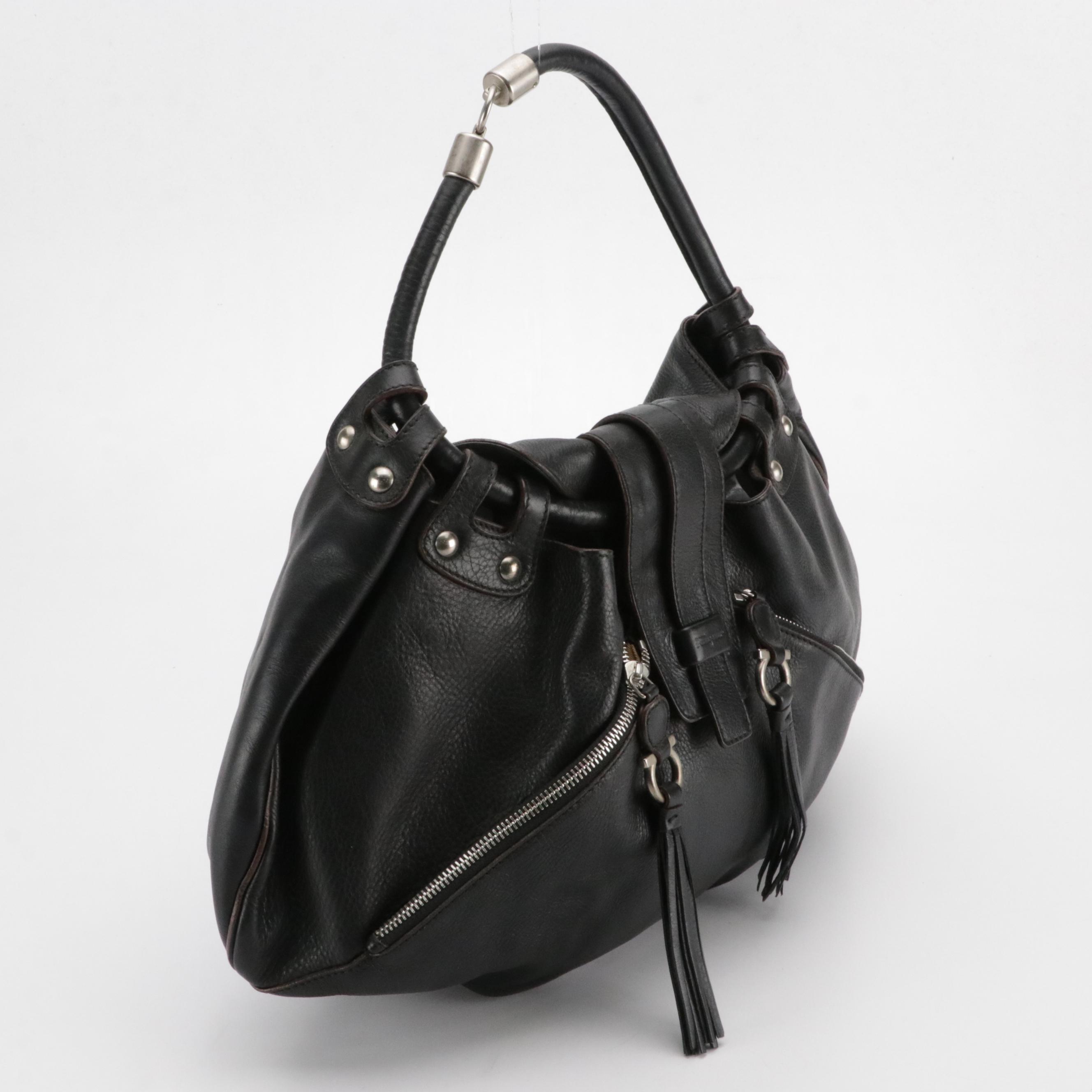 Salvatore Ferragamo Gancini Tassel Double Zippered Hobo Shoulder Bag in Leather