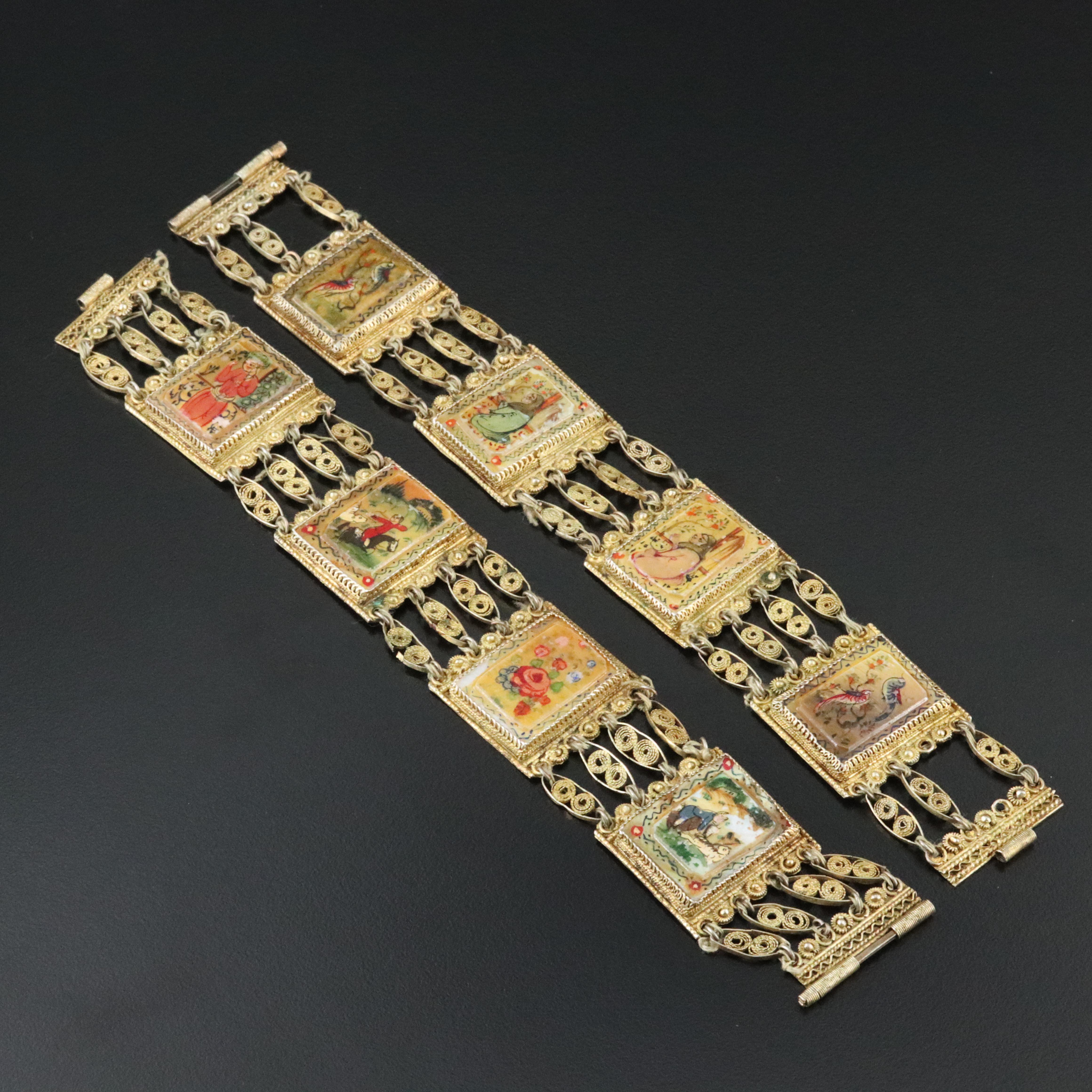 Pair of Vintage Persian Sterling Hand Painted Mother-of-Pearl Filigree Bracelets