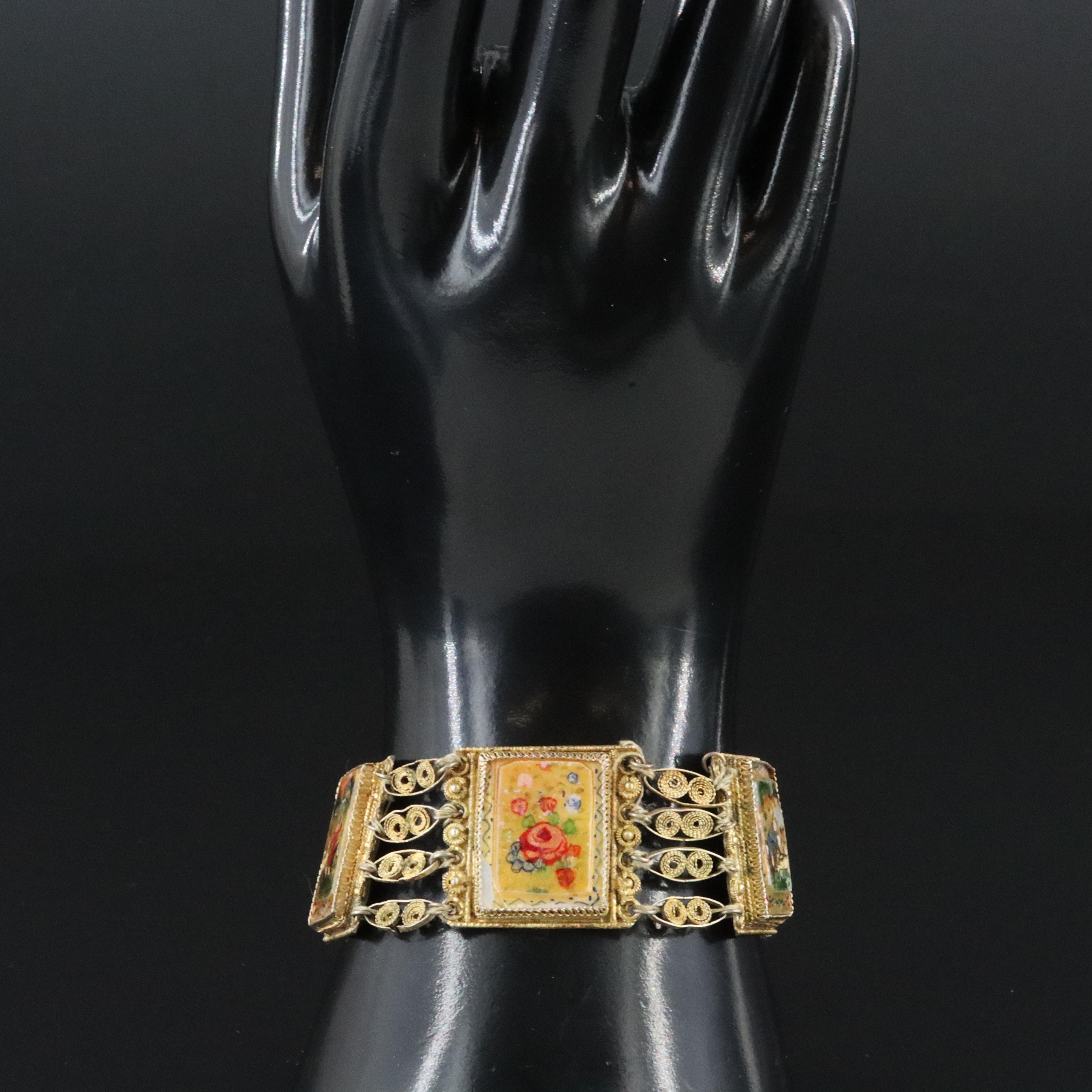 Pair of Vintage Persian Sterling Hand Painted Mother-of-Pearl Filigree Bracelets