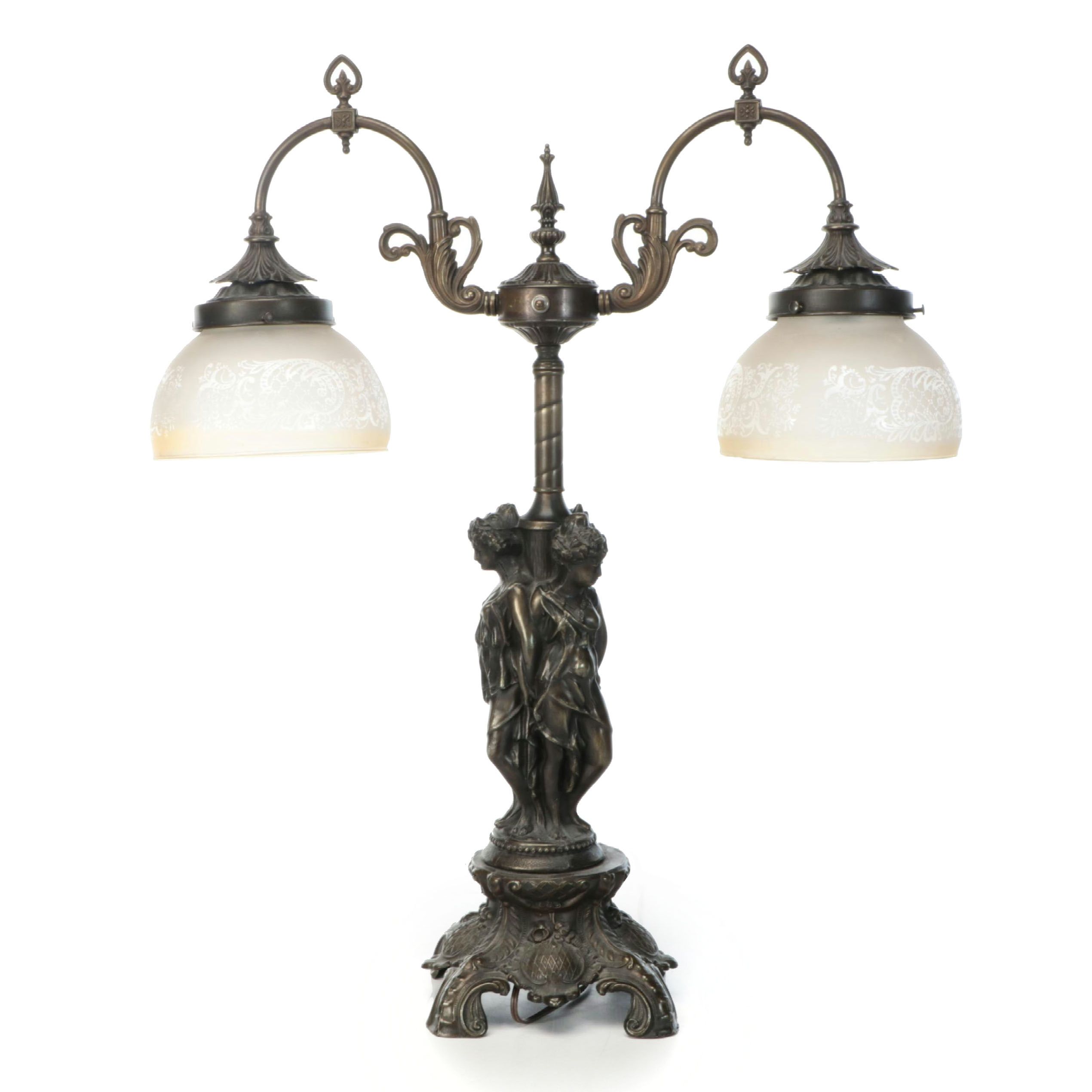 Art Nouveau Style "Three Graces" Bronzed Metal Table Lamp with Dual Shades