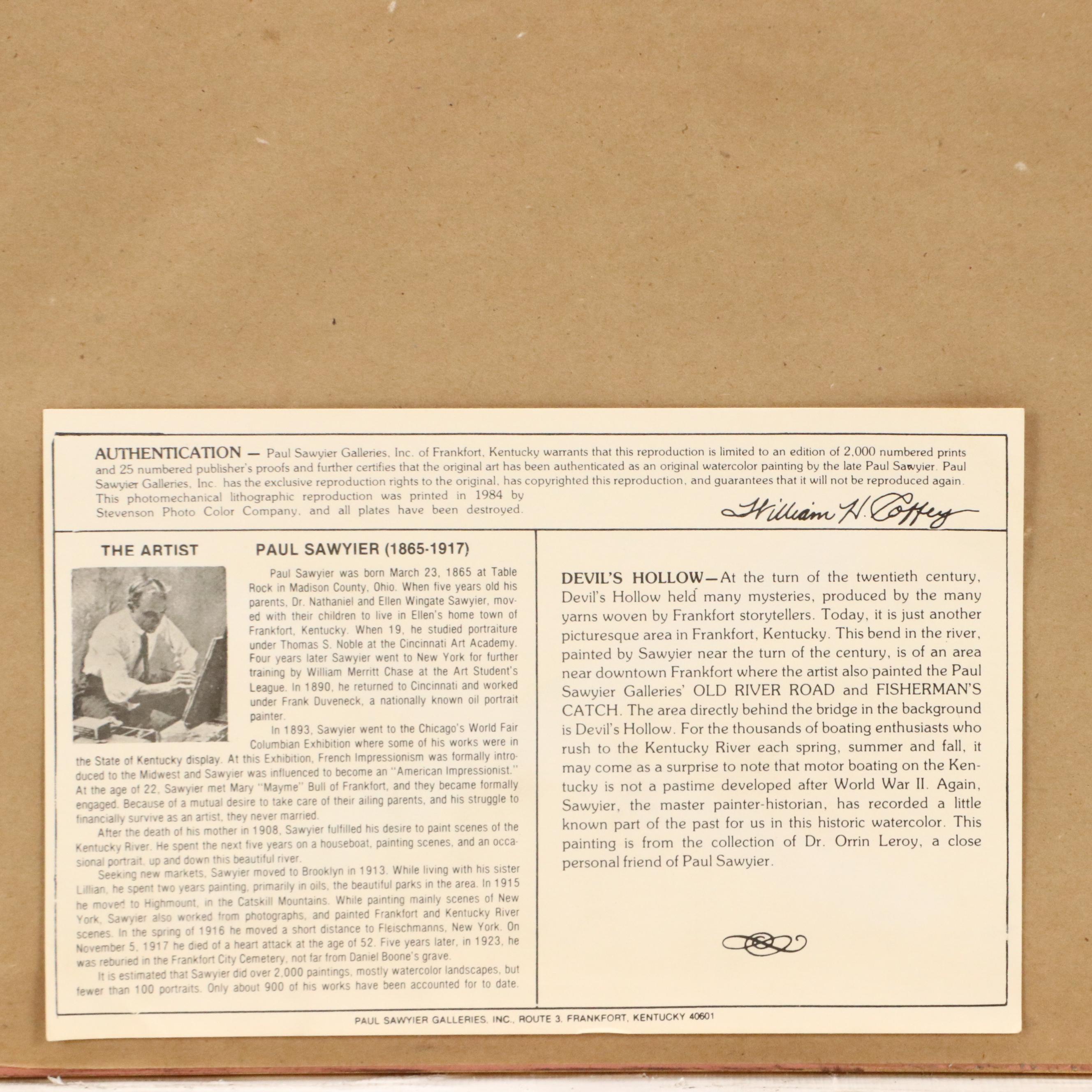 After Paul Sawyier Offset Lithograph "Devil's Hollow," 1984