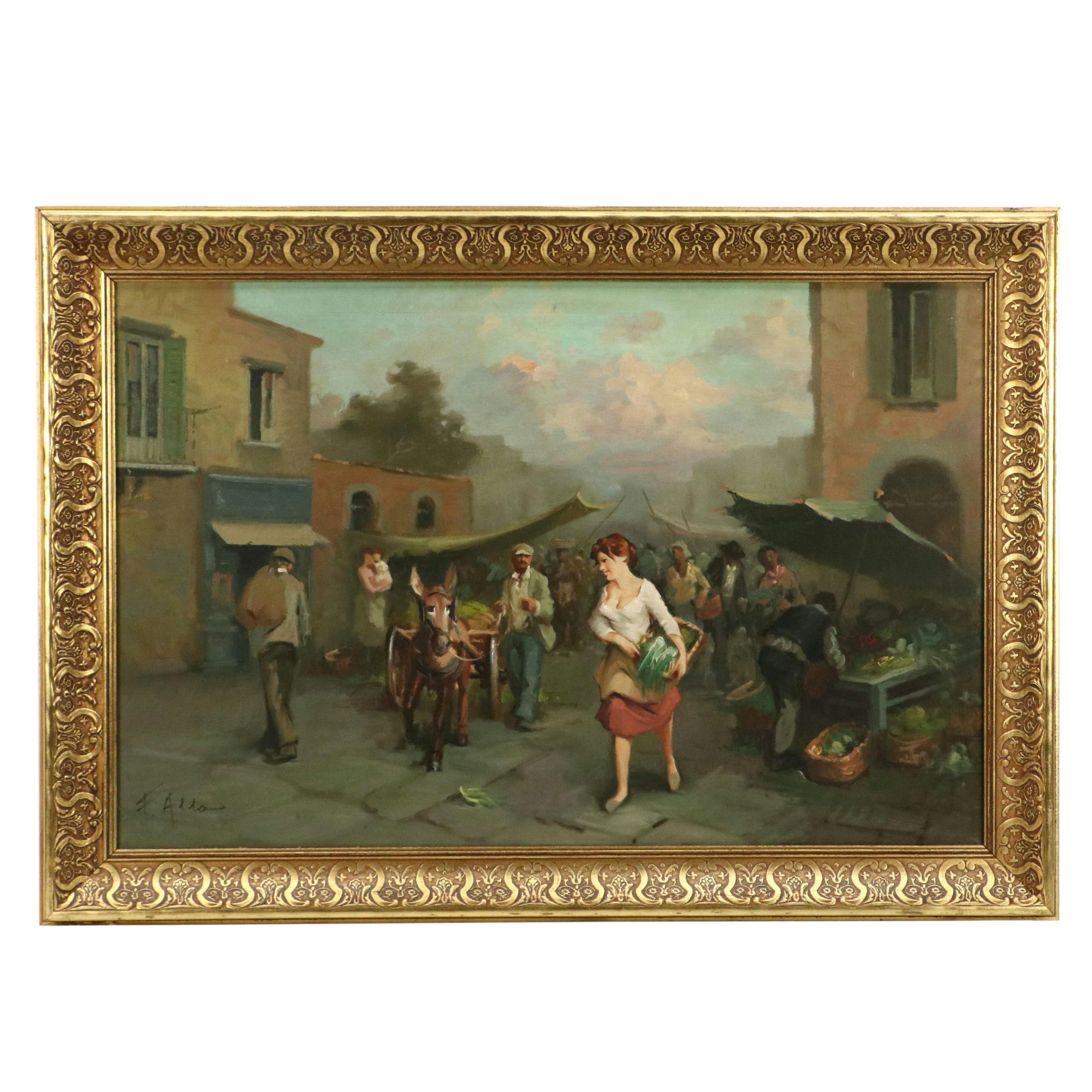 Oil Painting of Neapolitan Market Scene, Mid-20th Century