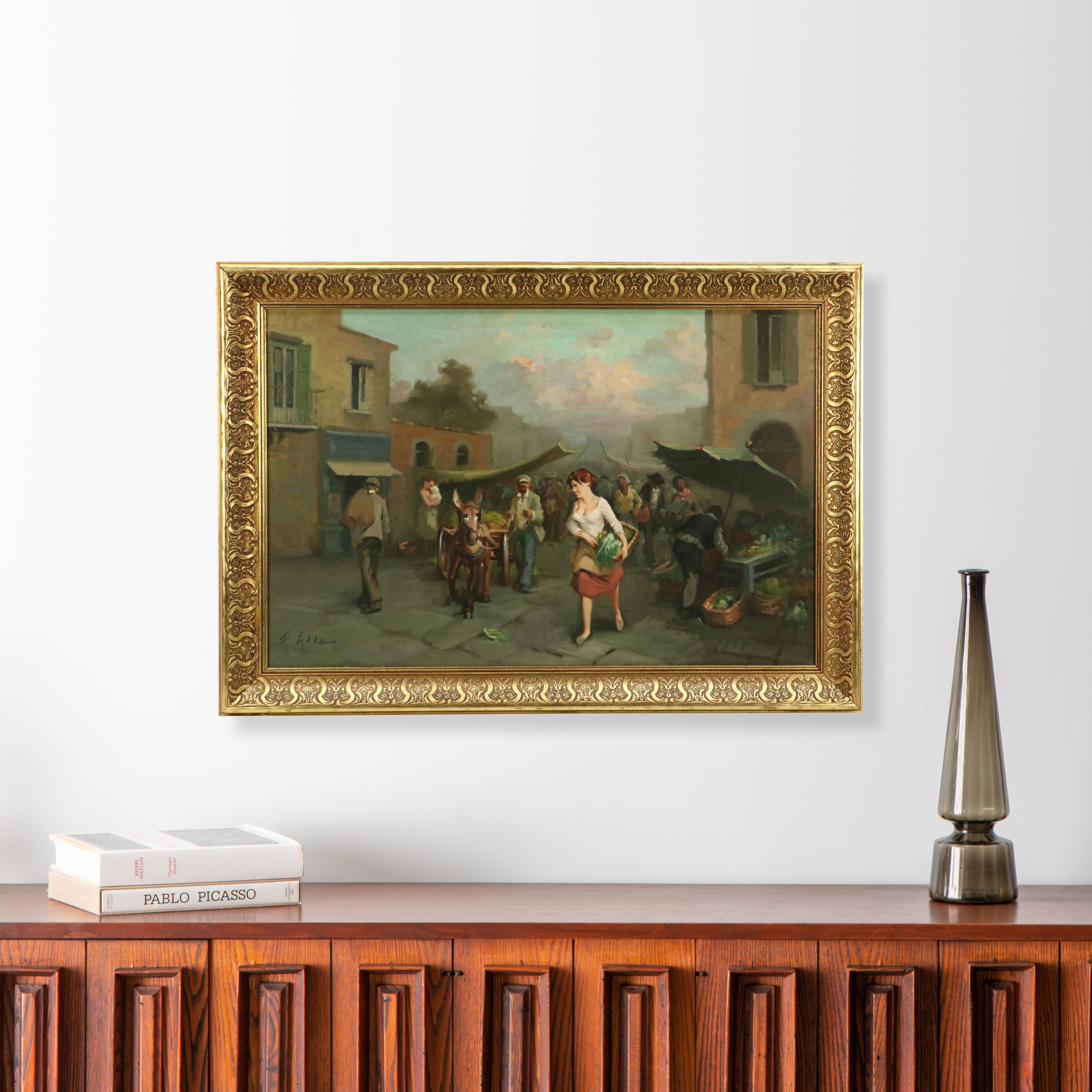Oil Painting of Neapolitan Market Scene, Mid-20th Century