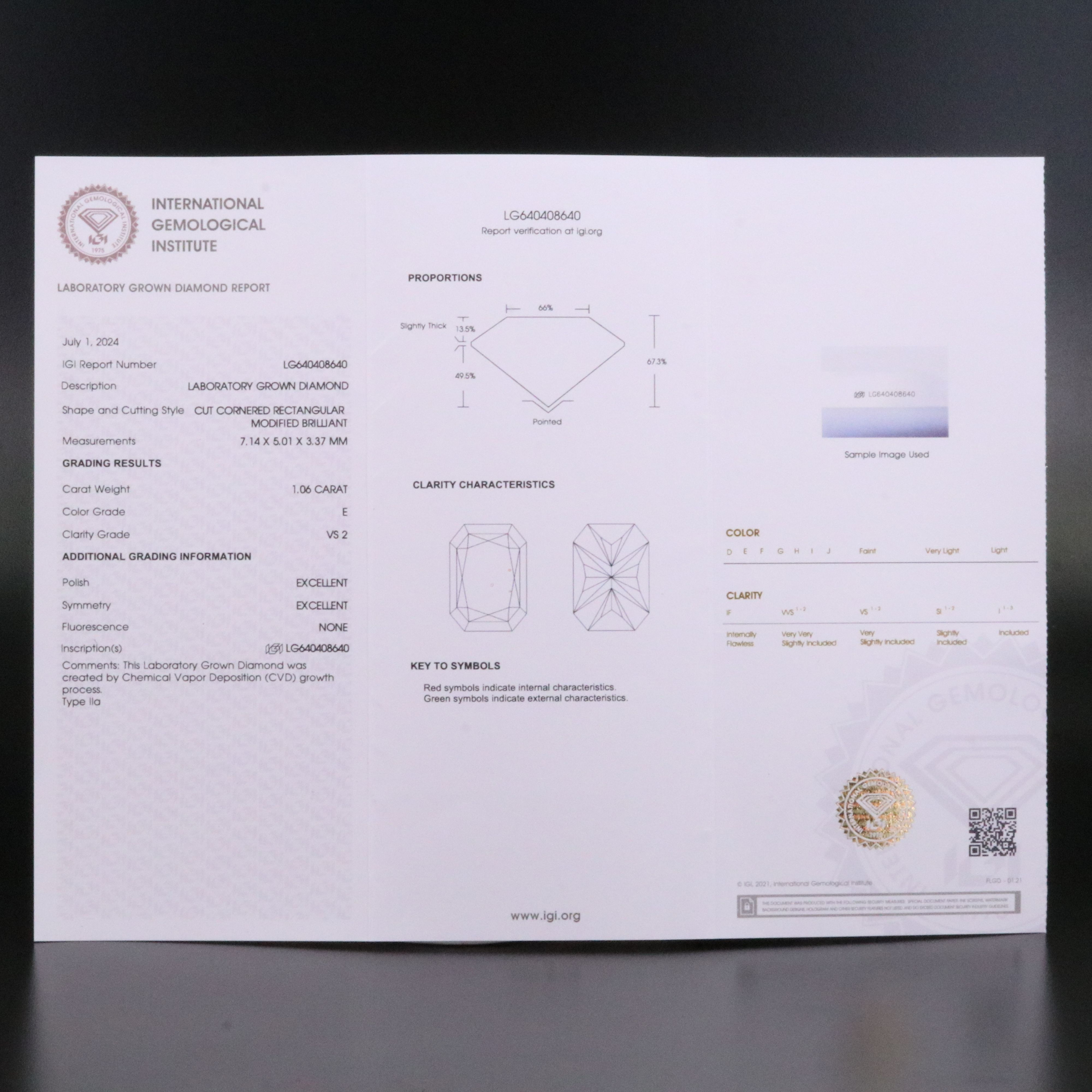 Loose 1.06 CT Lab Grown Diamond with IGI Report