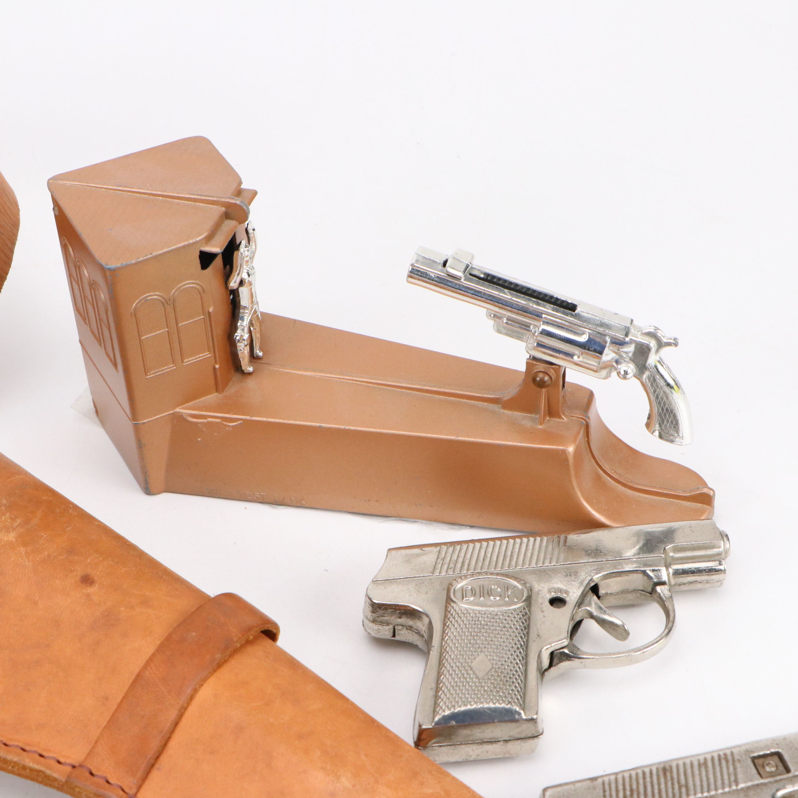 Hubley Padlock Cap Gun with Wild West Coin Bank and More Vintage Toy Guns