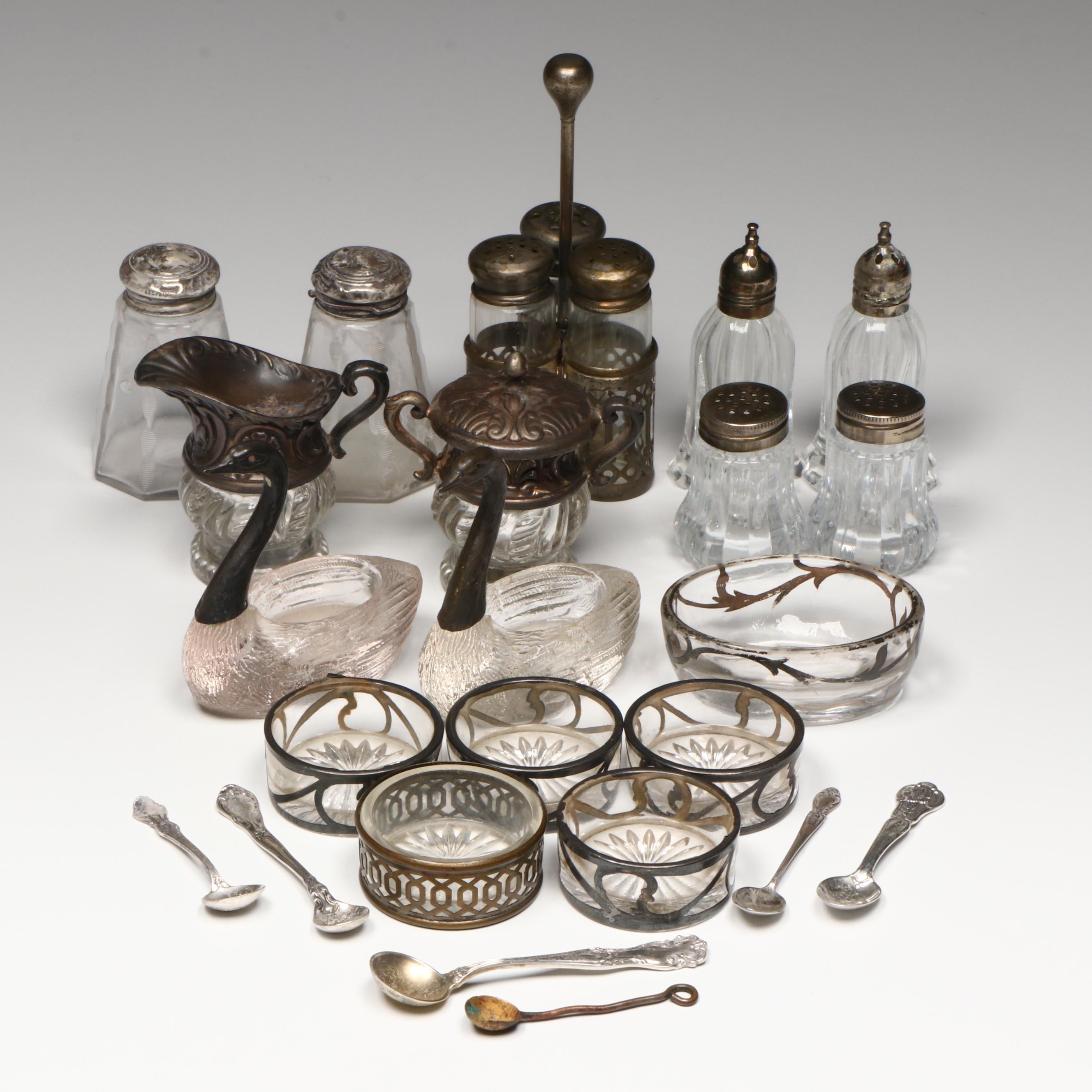 Sterling Salt Spoons with Glass Salt Cellars, Early to Mid-20th Century