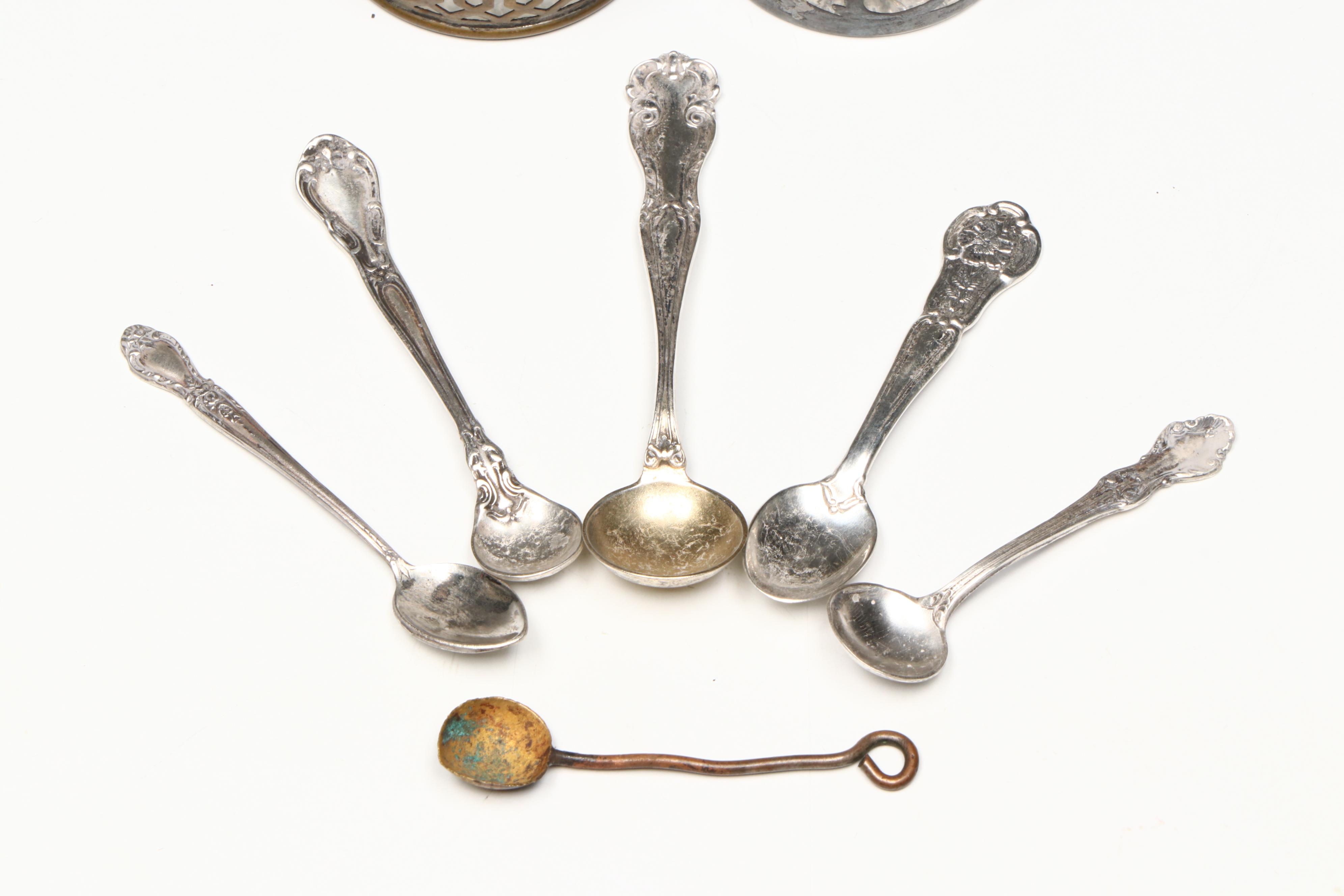 Sterling Salt Spoons with Glass Salt Cellars, Early to Mid-20th Century