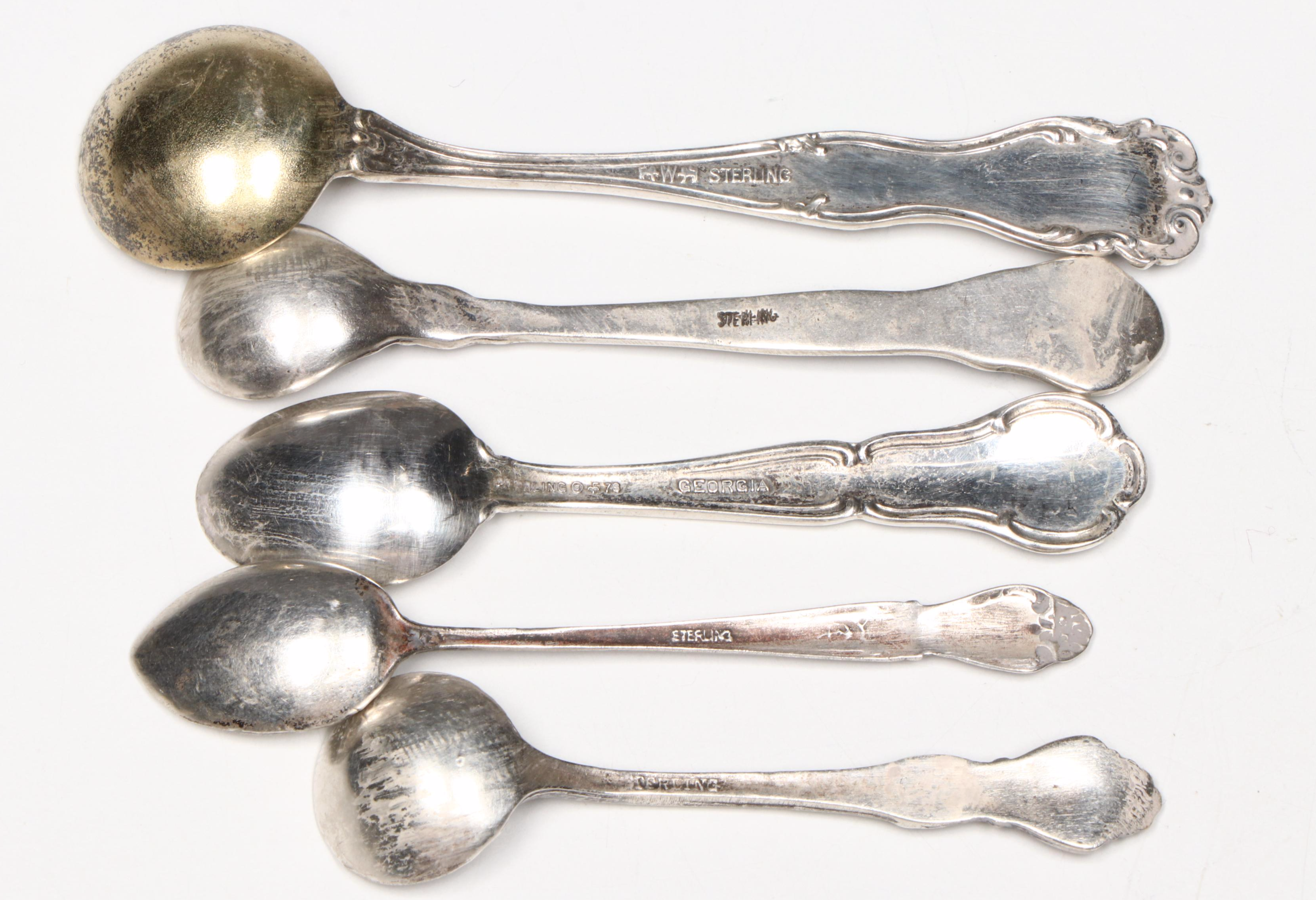 Sterling Salt Spoons with Glass Salt Cellars, Early to Mid-20th Century