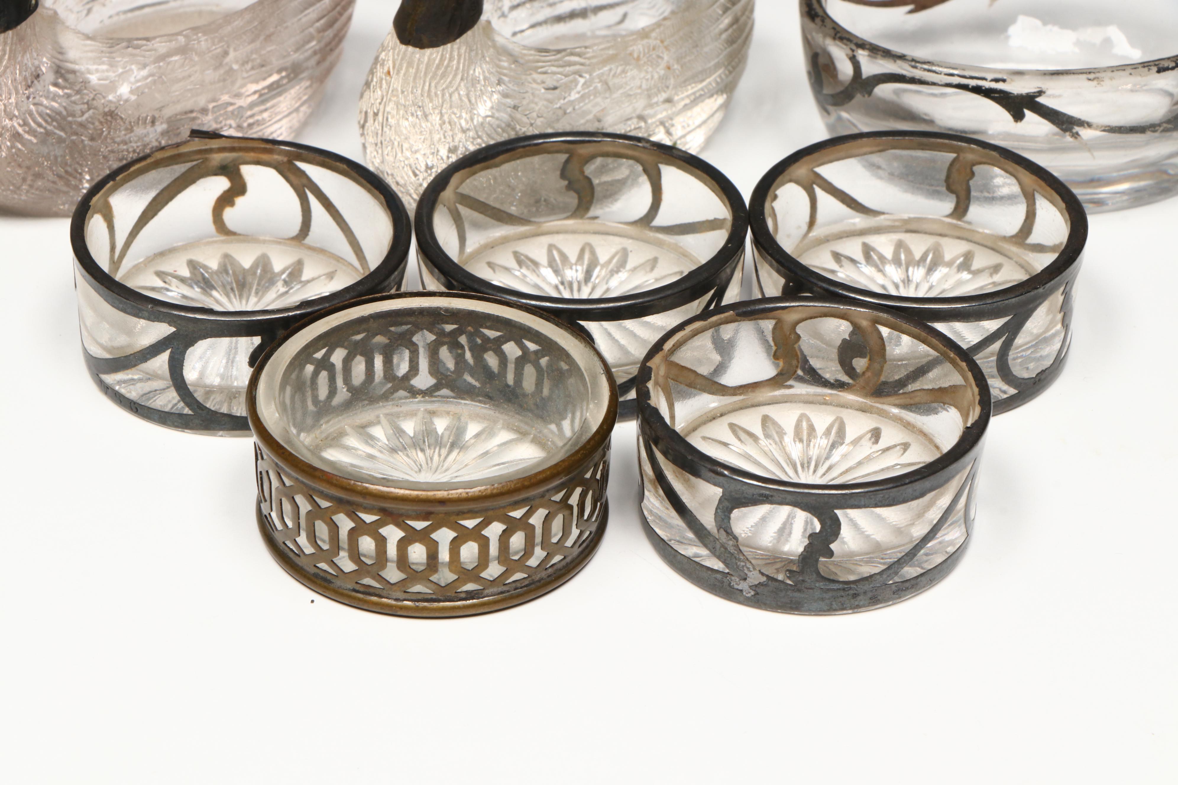 Sterling Salt Spoons with Glass Salt Cellars, Early to Mid-20th Century