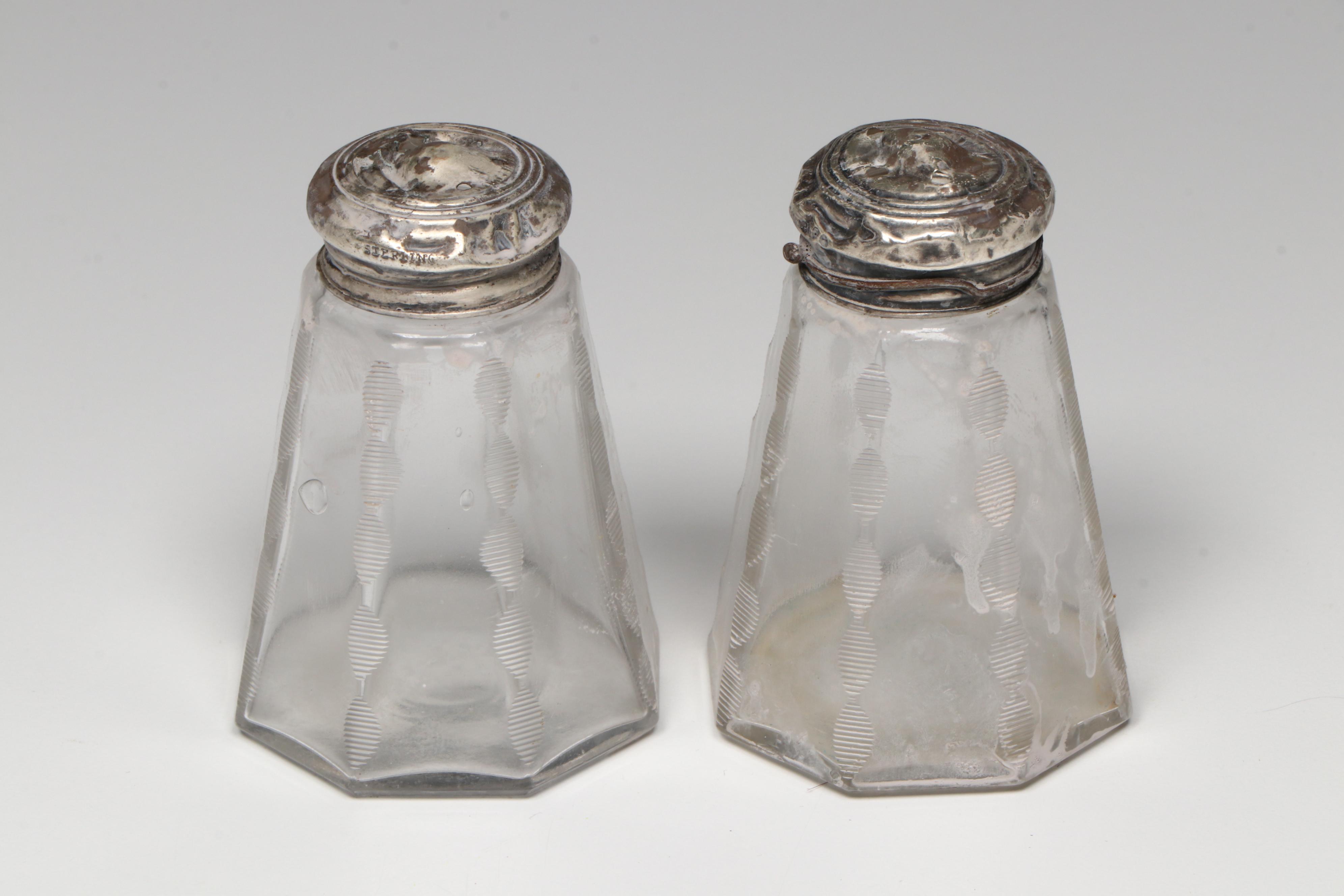Sterling Salt Spoons with Glass Salt Cellars, Early to Mid-20th Century