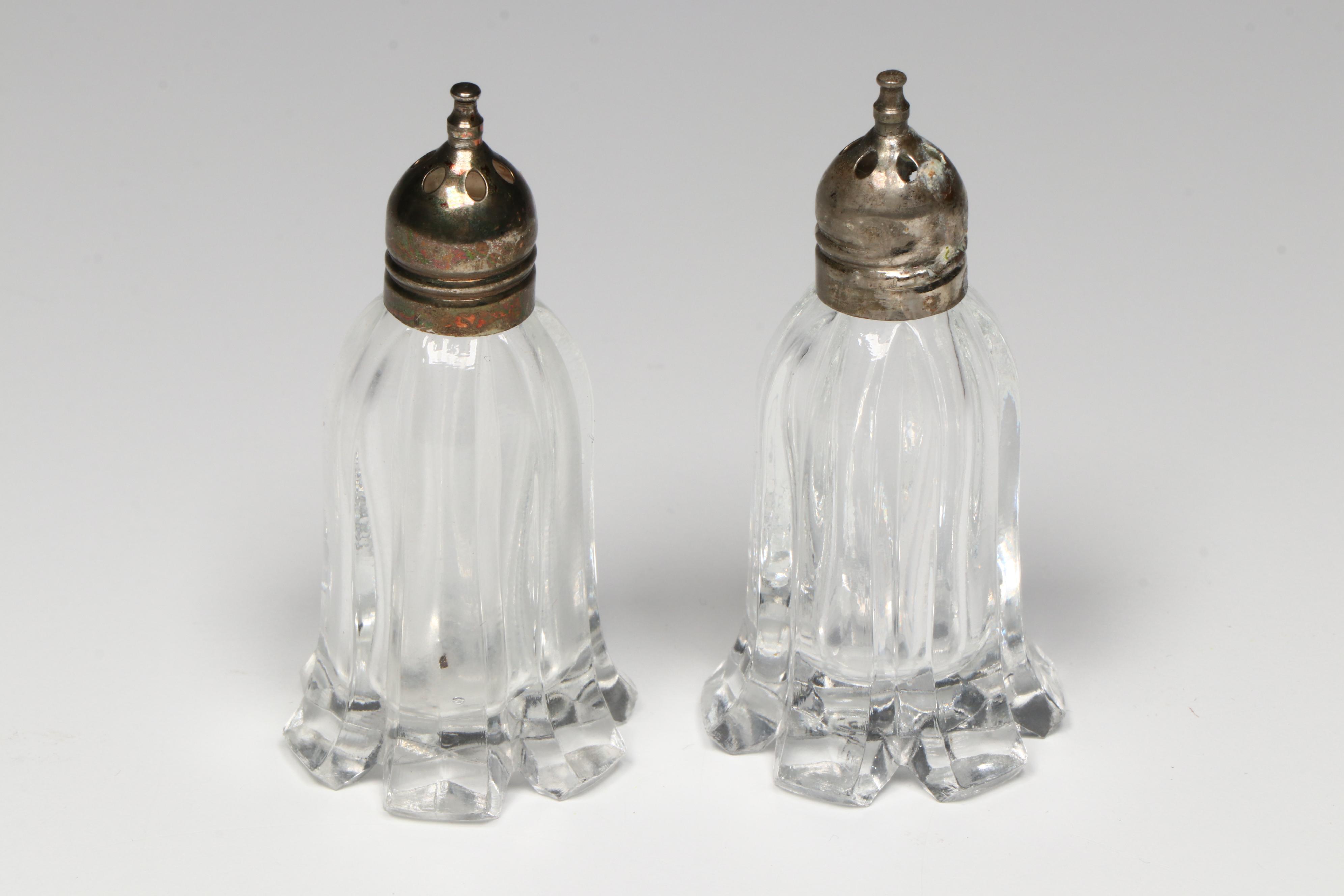 Sterling Salt Spoons with Glass Salt Cellars, Early to Mid-20th Century