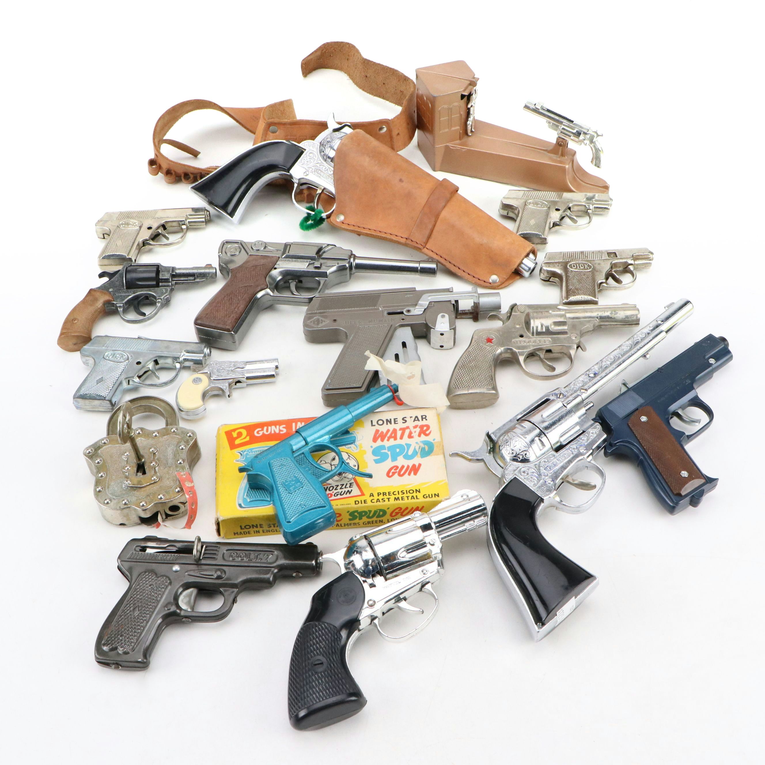 Hubley Padlock Cap Gun with Wild West Coin Bank and More Vintage Toy Guns