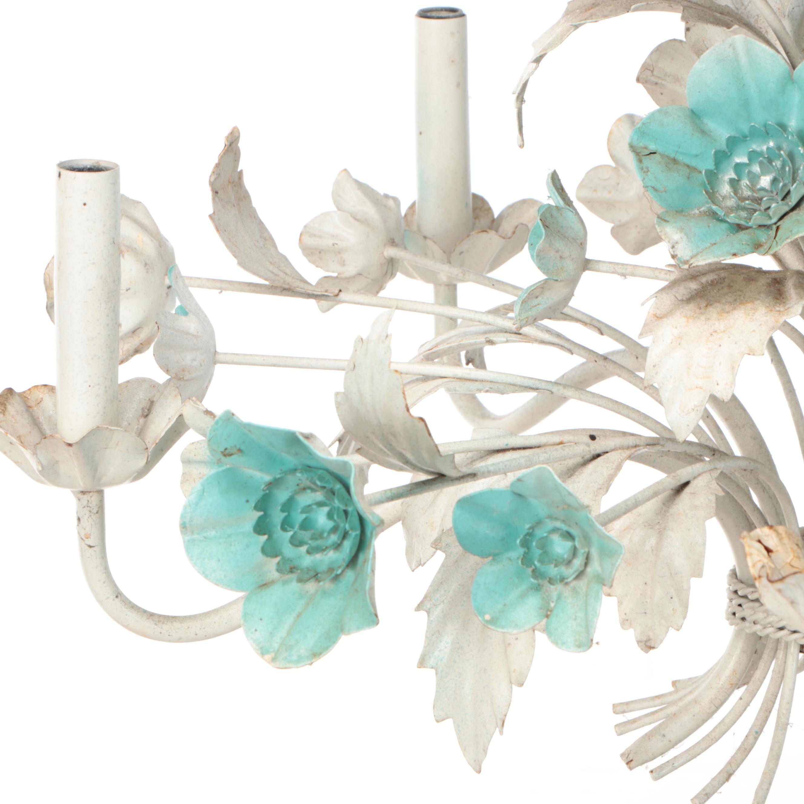 Italianate Mid Century Style Tole Painted Lotus Blossoms Chandelier