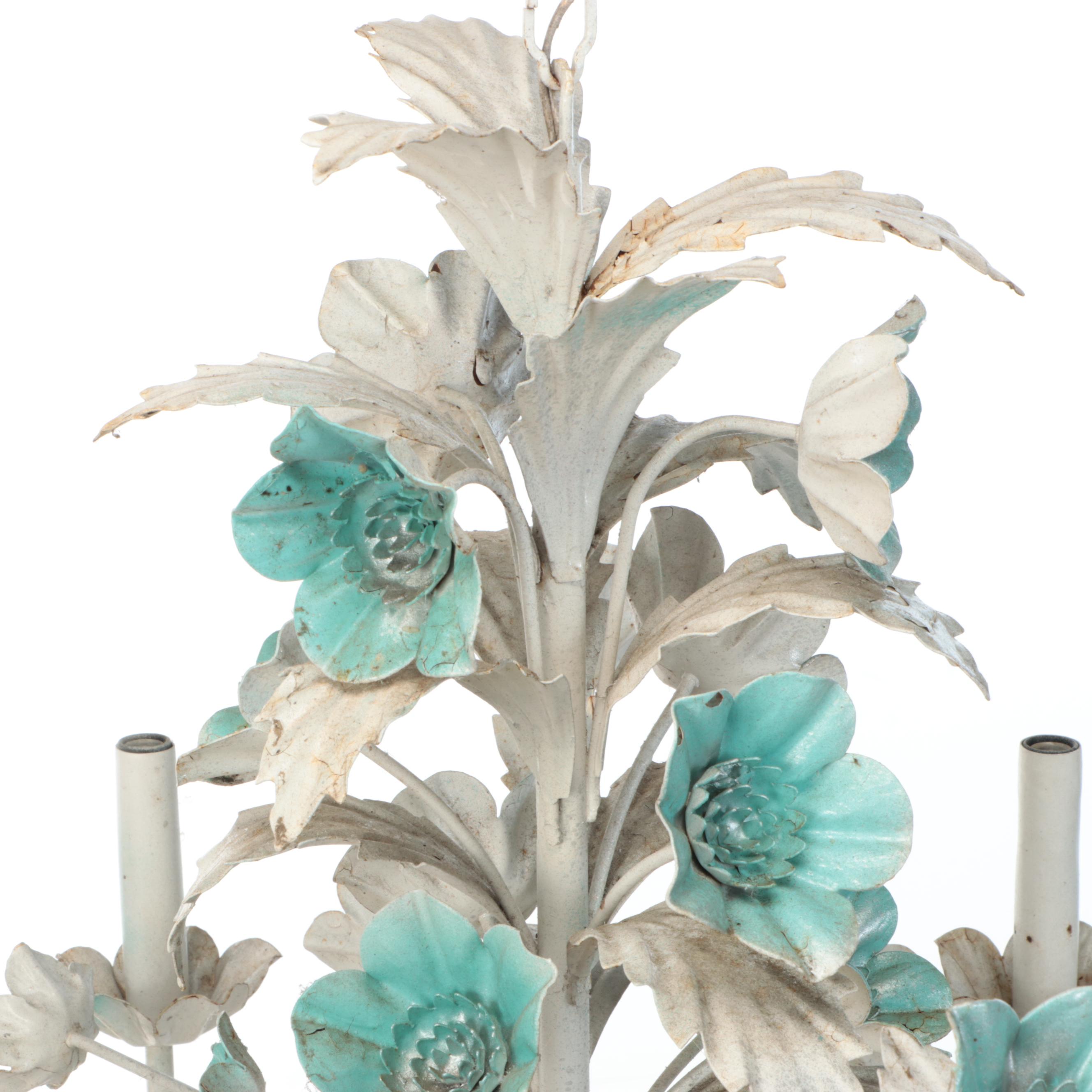 Italianate Mid Century Style Tole Painted Lotus Blossoms Chandelier