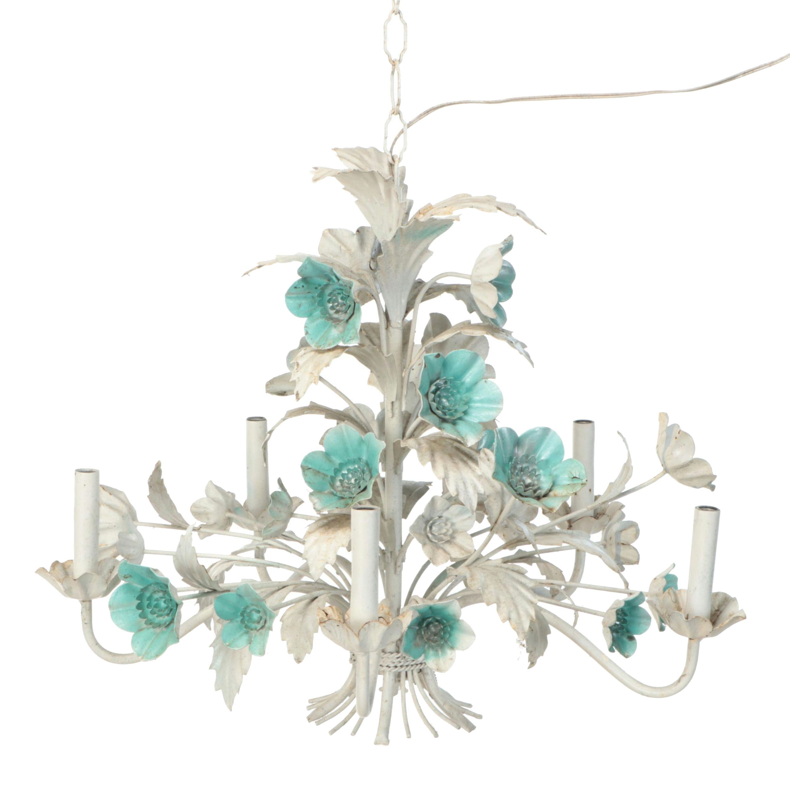 Italianate Mid Century Style Tole Painted Lotus Blossoms Chandelier