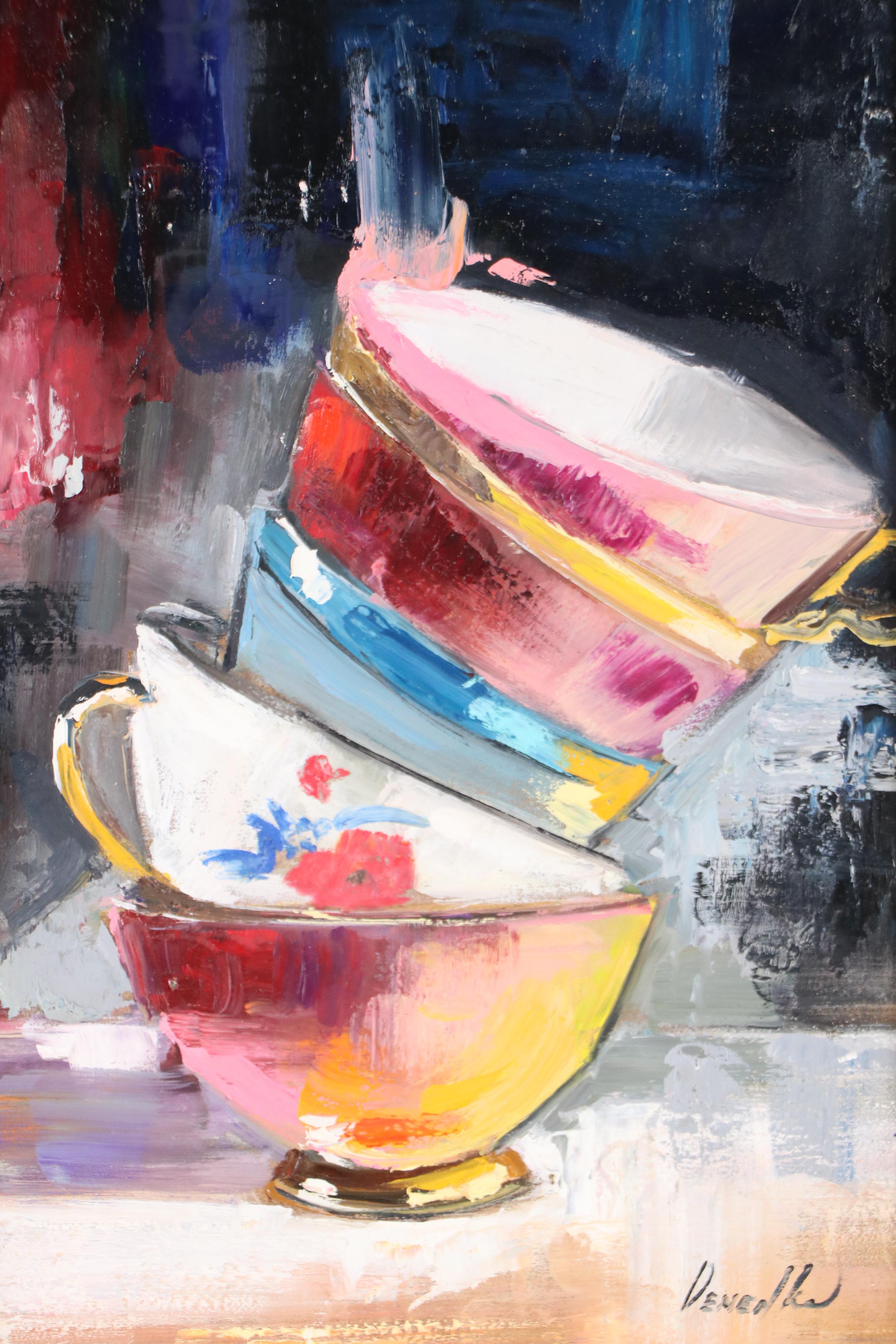 Natalia Demenko Still Life Oil Painting of Stacked Teacups, 21st Century