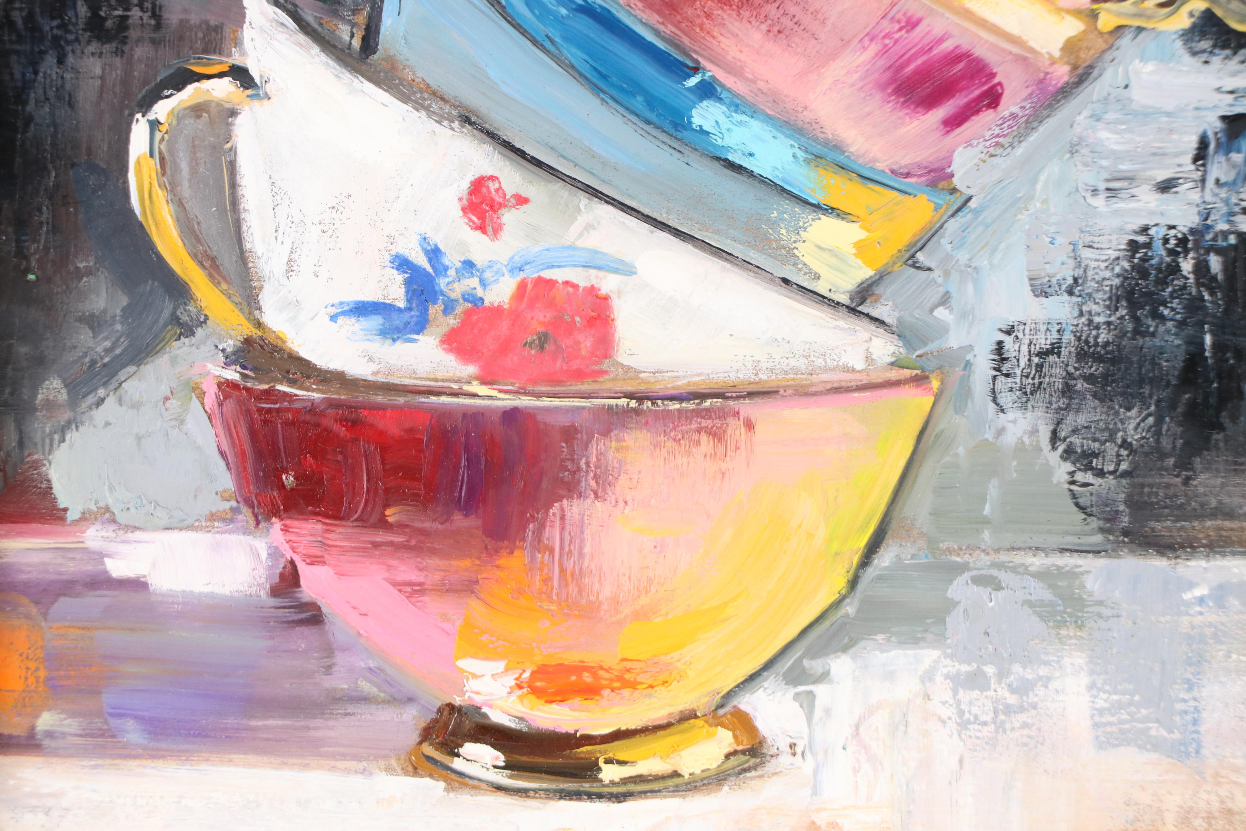 Natalia Demenko Still Life Oil Painting of Stacked Teacups, 21st Century