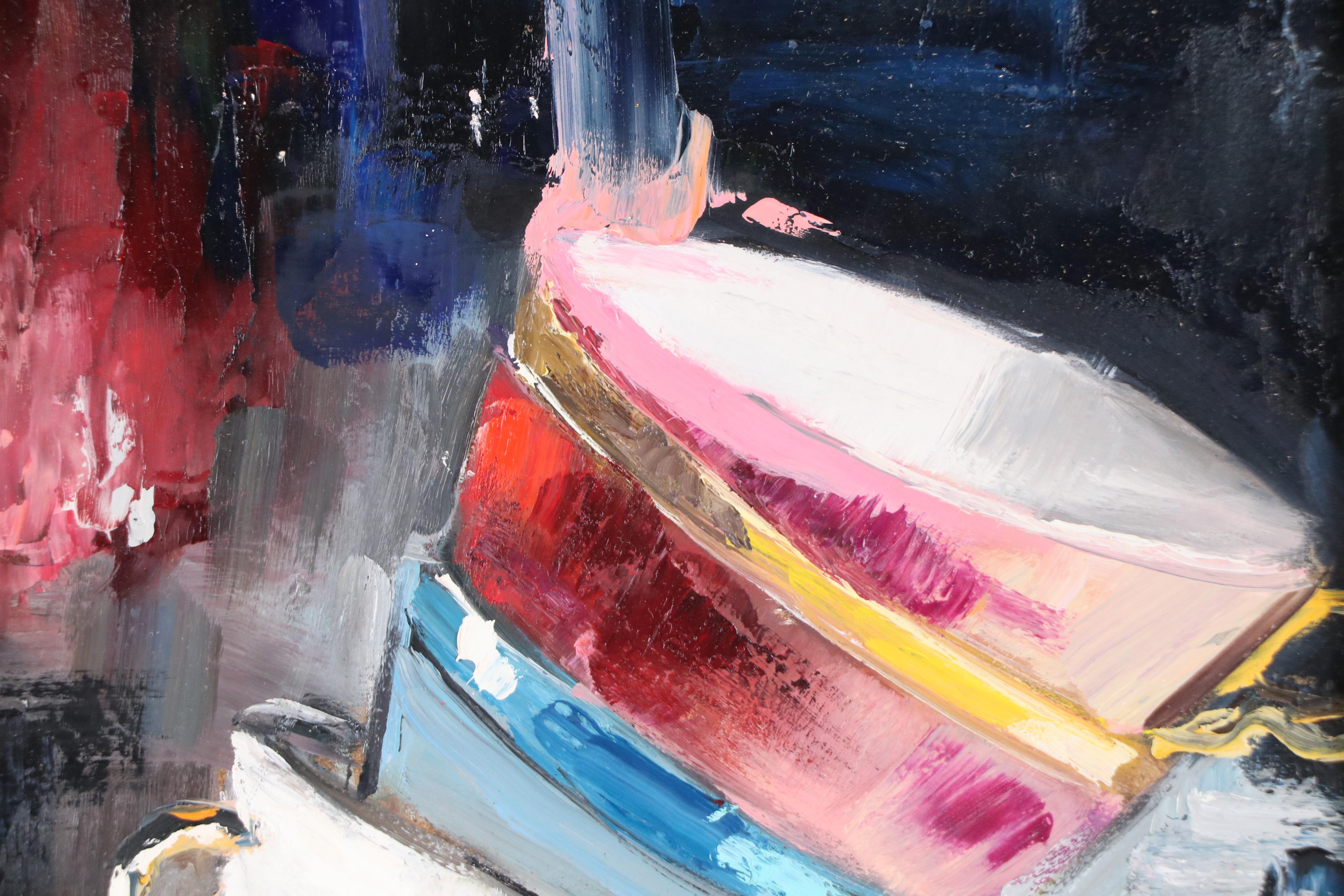 Natalia Demenko Still Life Oil Painting of Stacked Teacups, 21st Century