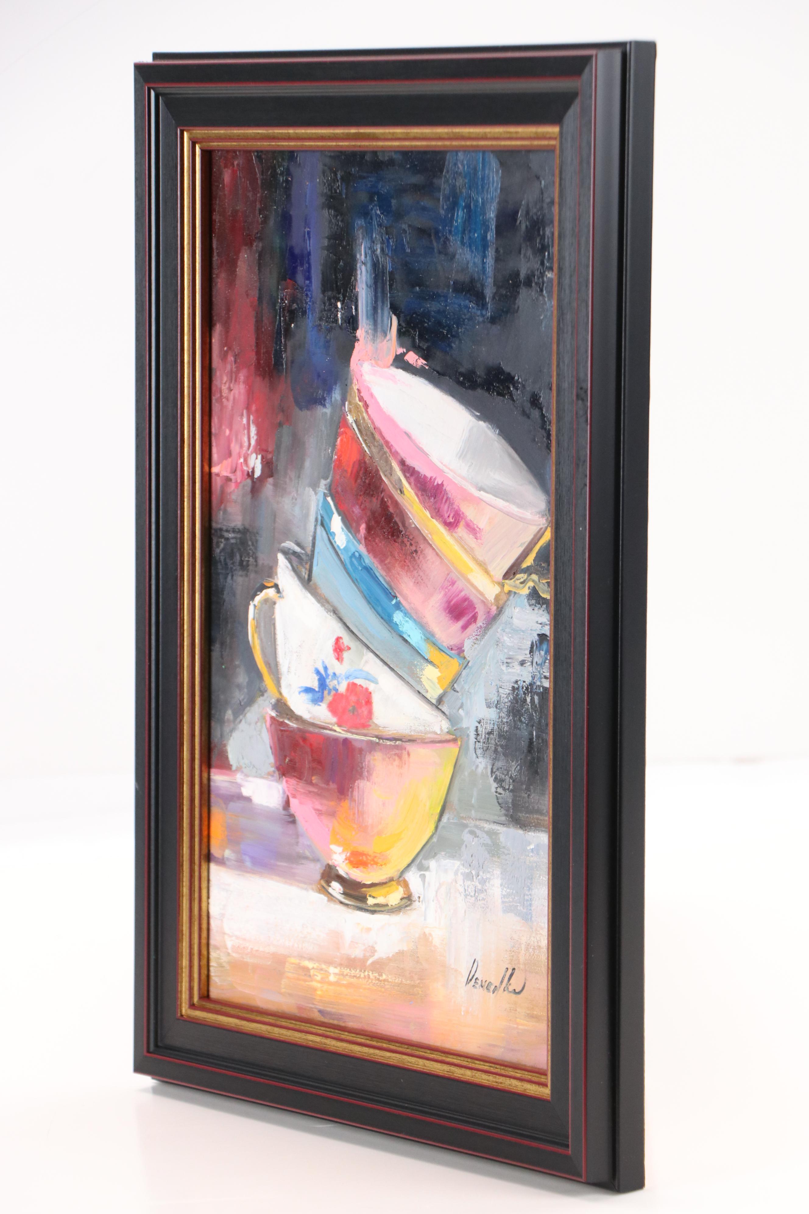 Natalia Demenko Still Life Oil Painting of Stacked Teacups, 21st Century