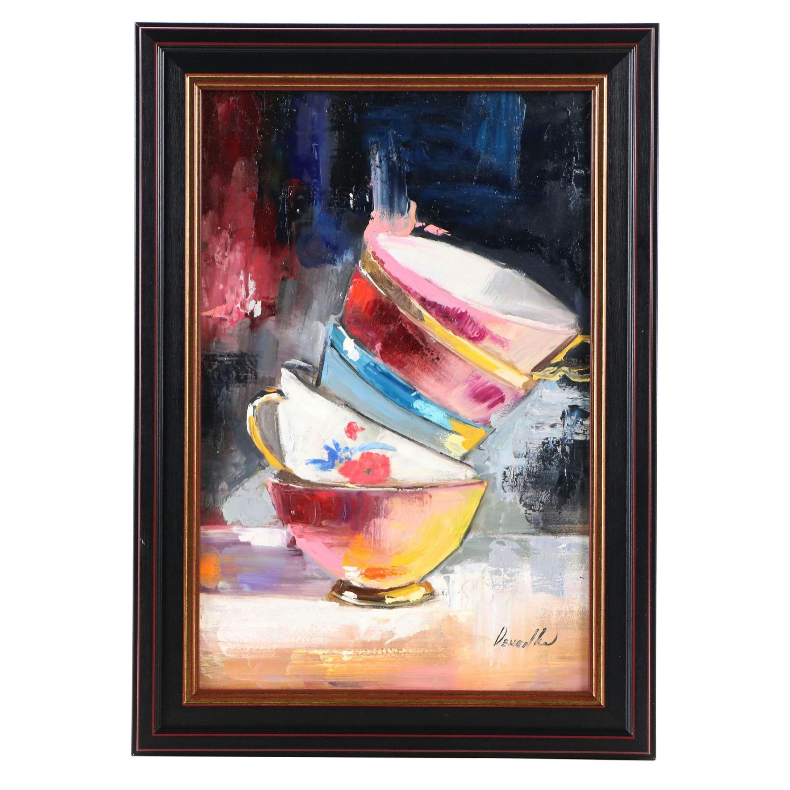 Natalia Demenko Still Life Oil Painting of Stacked Teacups, 21st Century