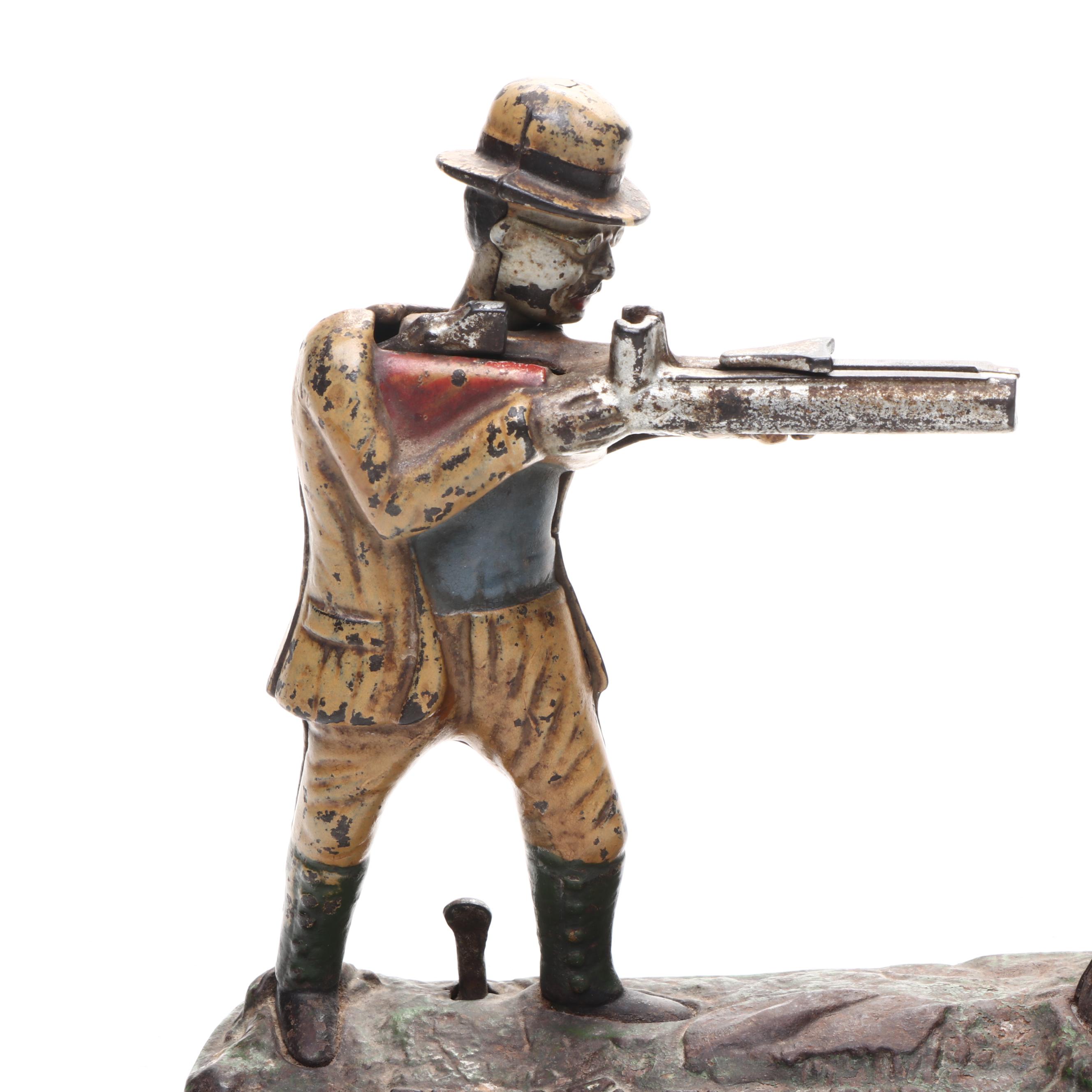 "Teddy and the Bear" Cast Iron Mechanical Coin Bank, Early 20th Century