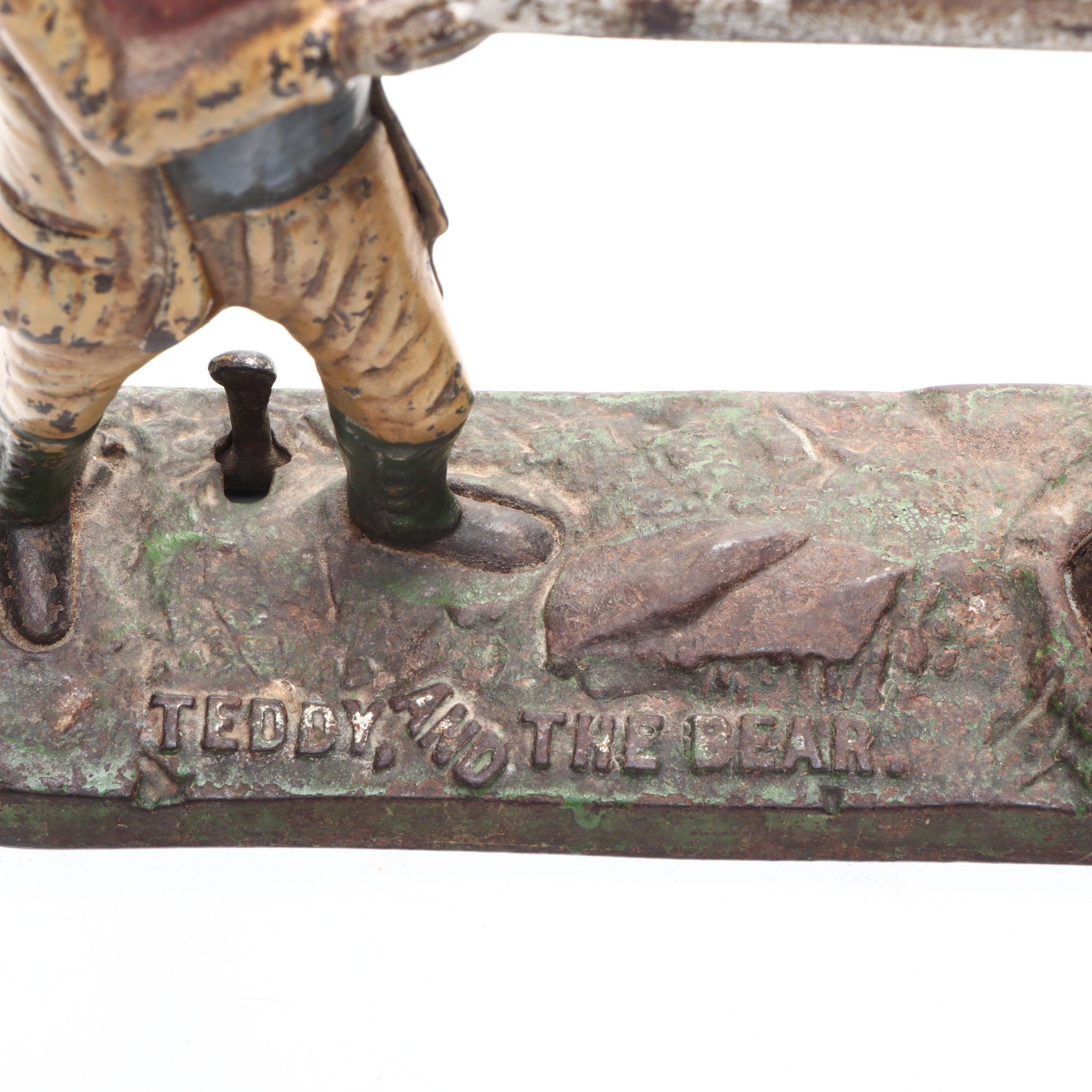 "Teddy and the Bear" Cast Iron Mechanical Coin Bank, Early 20th Century