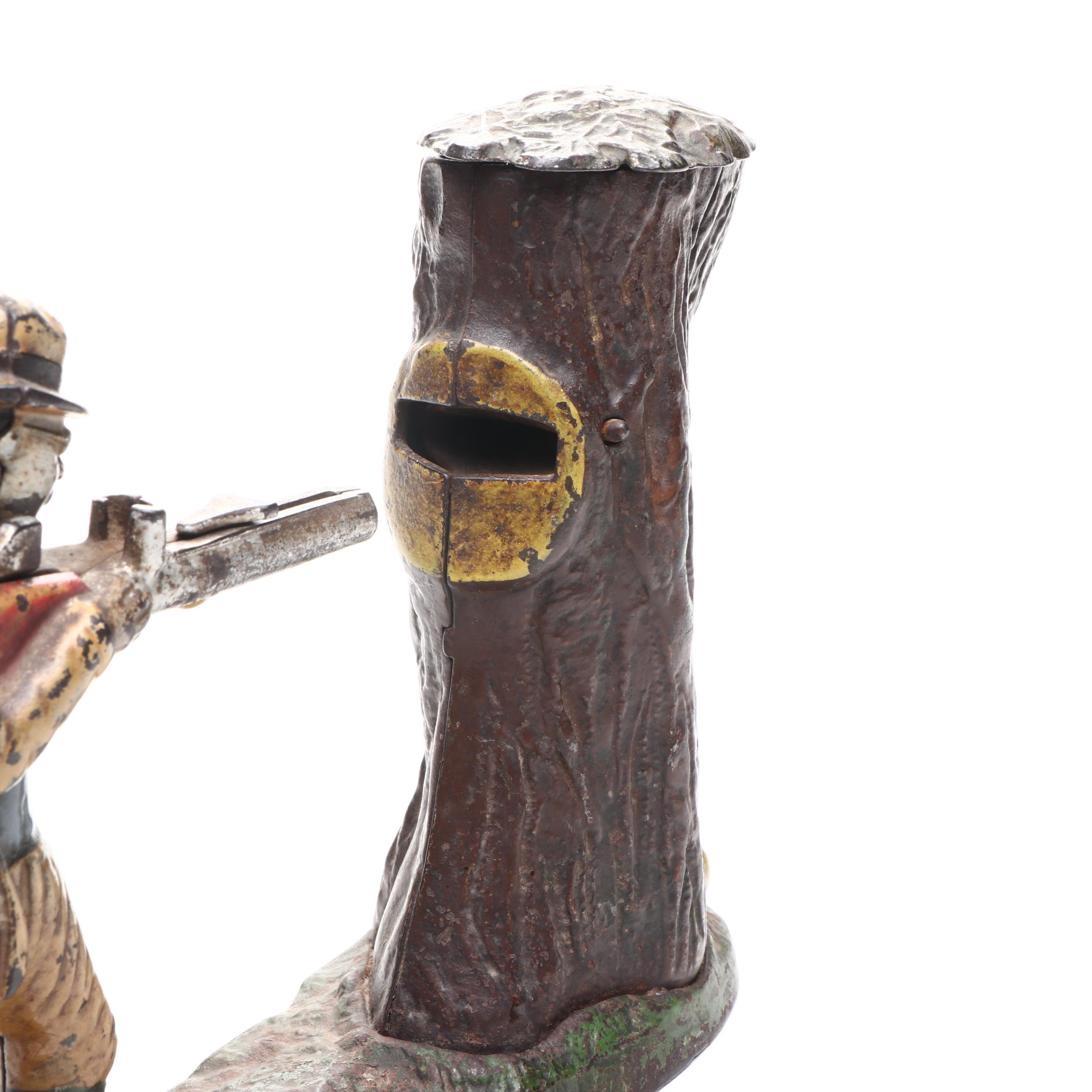 "Teddy and the Bear" Cast Iron Mechanical Coin Bank, Early 20th Century