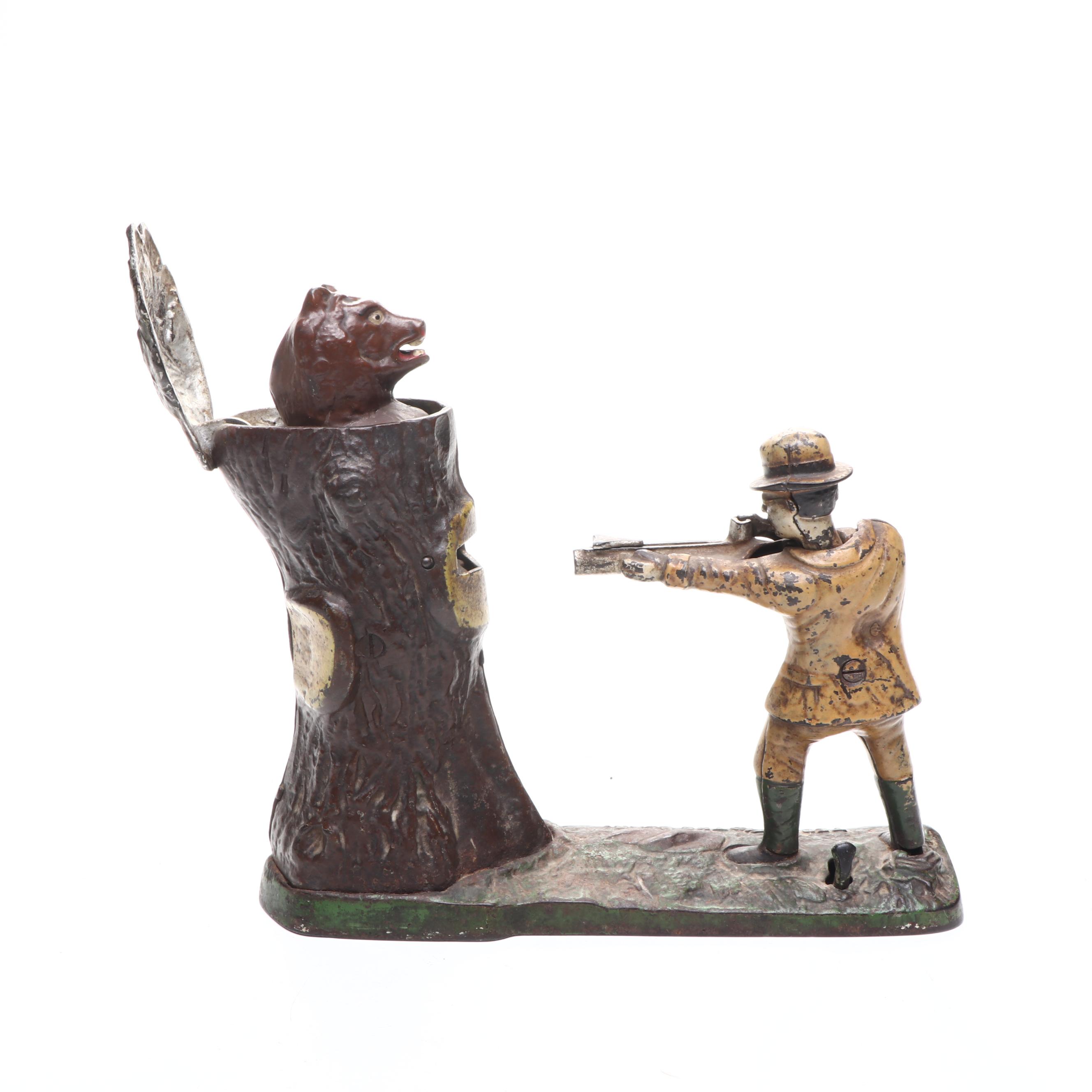 "Teddy and the Bear" Cast Iron Mechanical Coin Bank, Early 20th Century