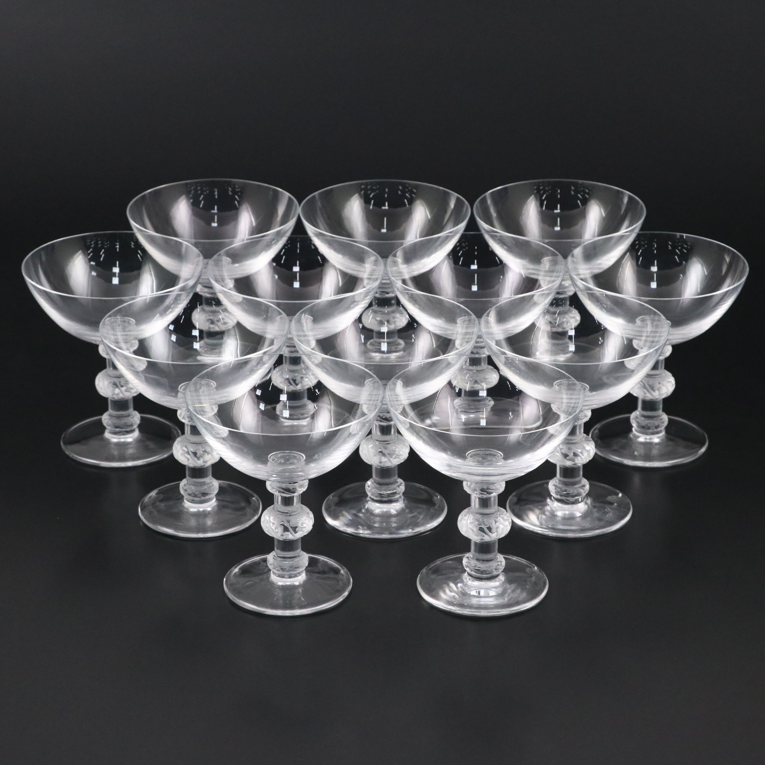 Lalique "Saint Hubert" Champagne / Tall Sherbet Glasses, Mid-20th Century