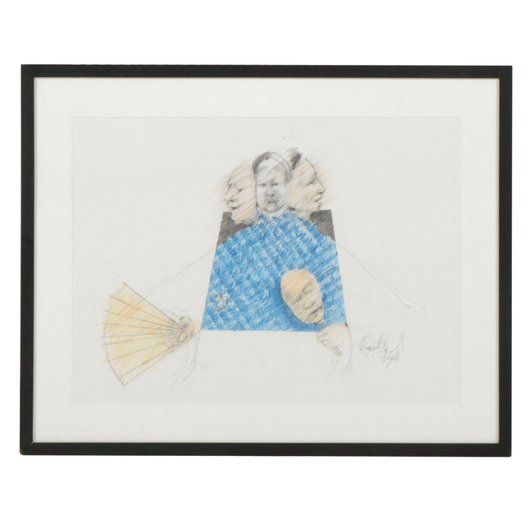 Graphite & Colored Pencil Folk Art Portrait of Figure with Mask & Fan, 2007