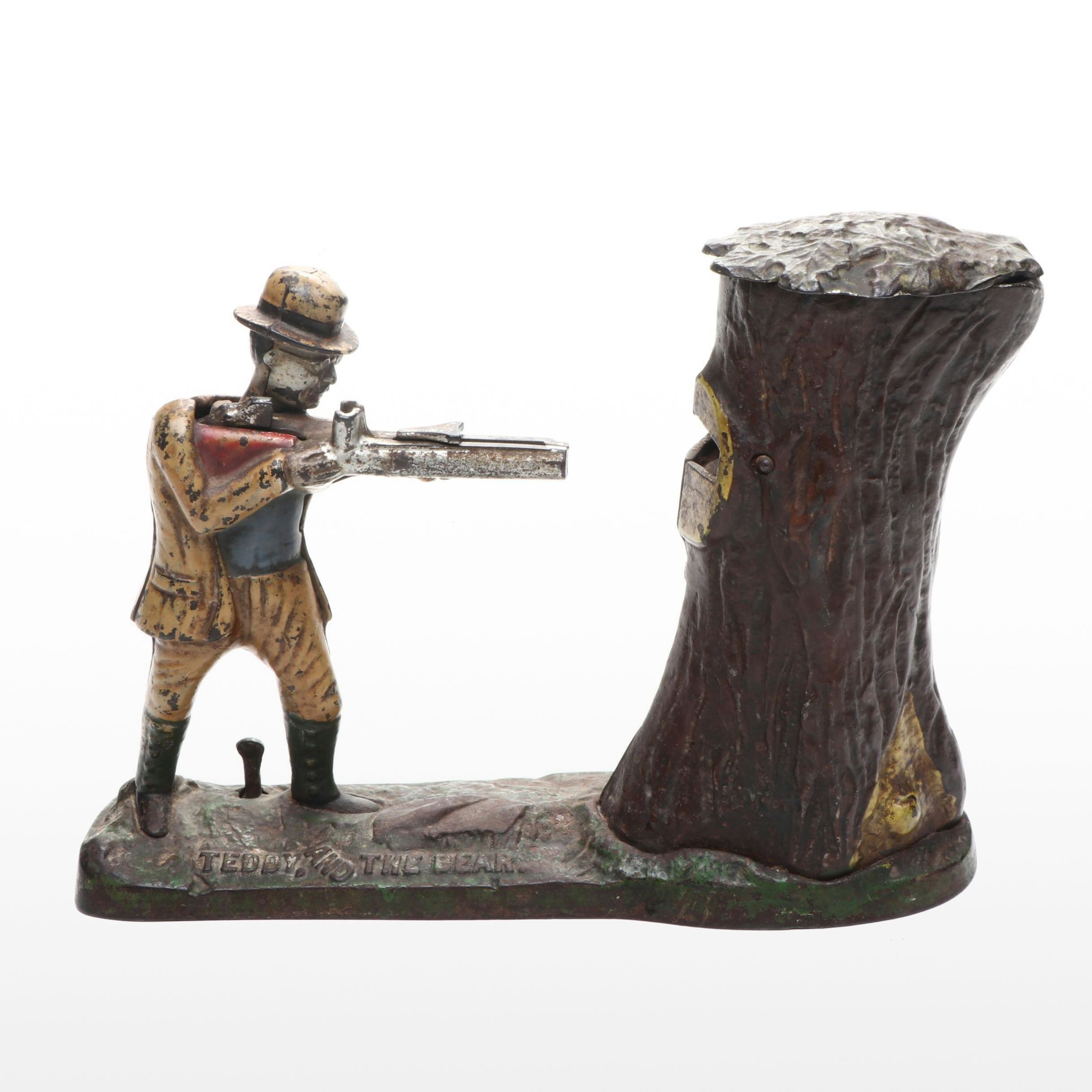 "Teddy and the Bear" Cast Iron Mechanical Coin Bank, Early 20th Century