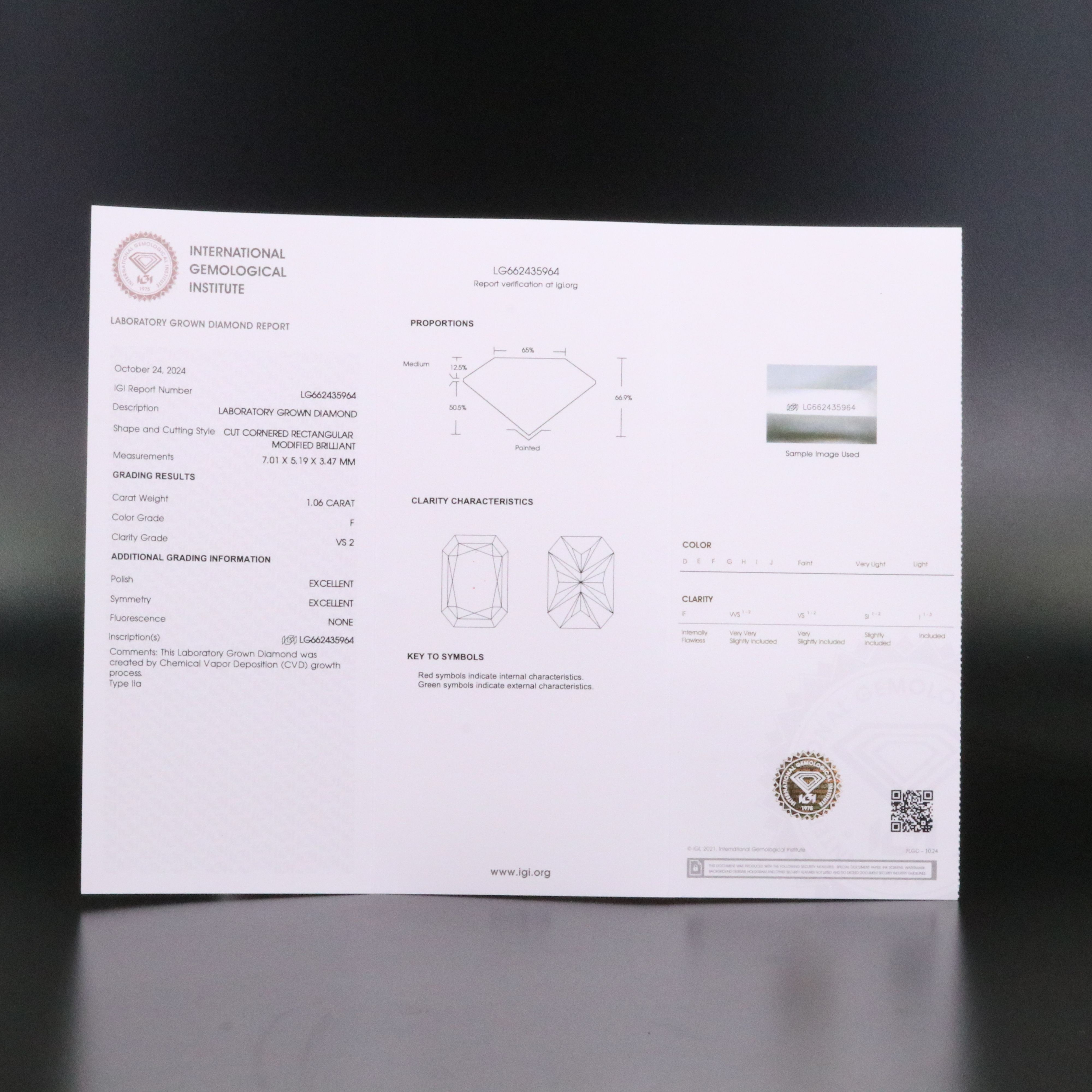 Loose 1.06 CT Lab Grown Diamond with IGI Report
