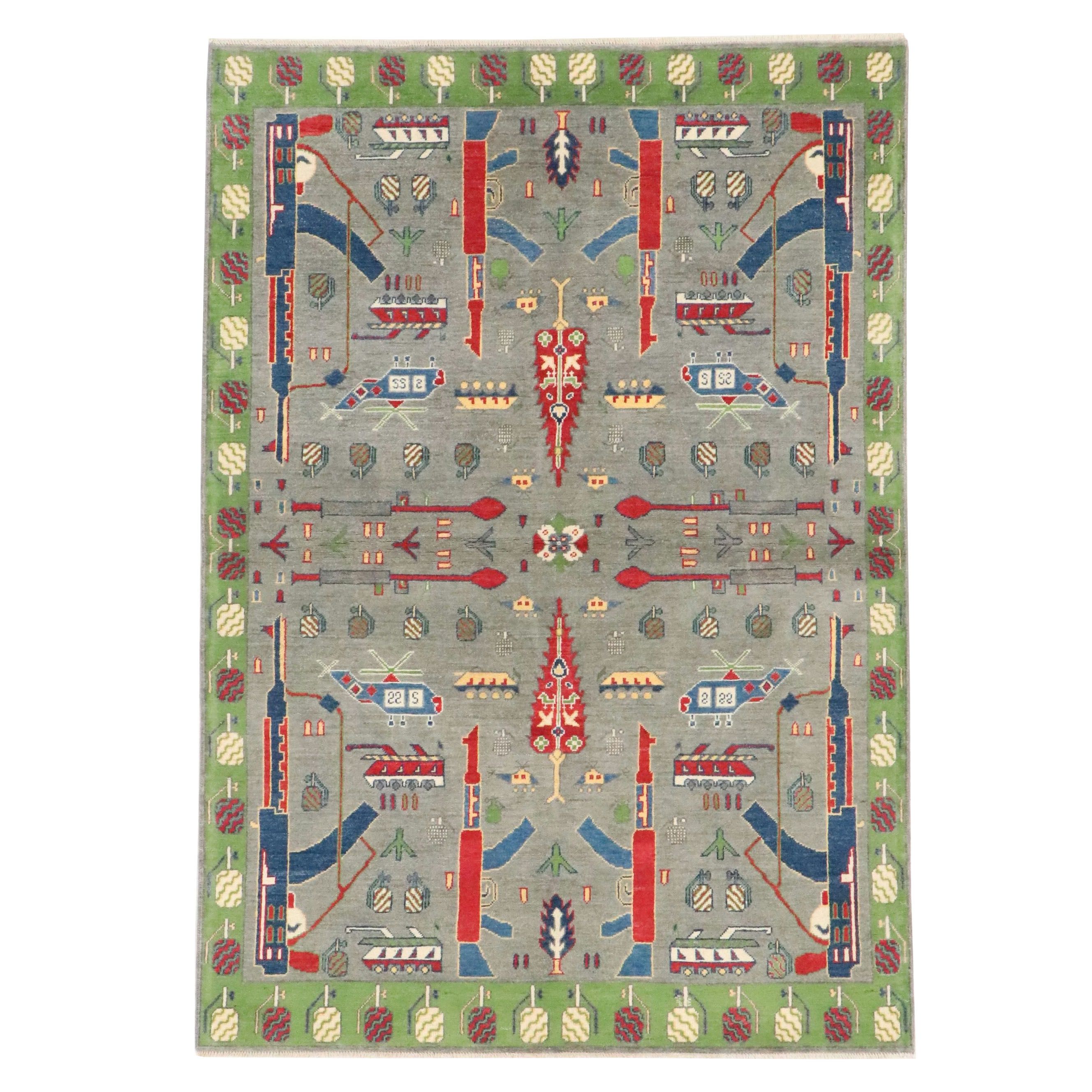 5'7 x 8' Hand-Knotted Afghan Pictorial War Area Rug