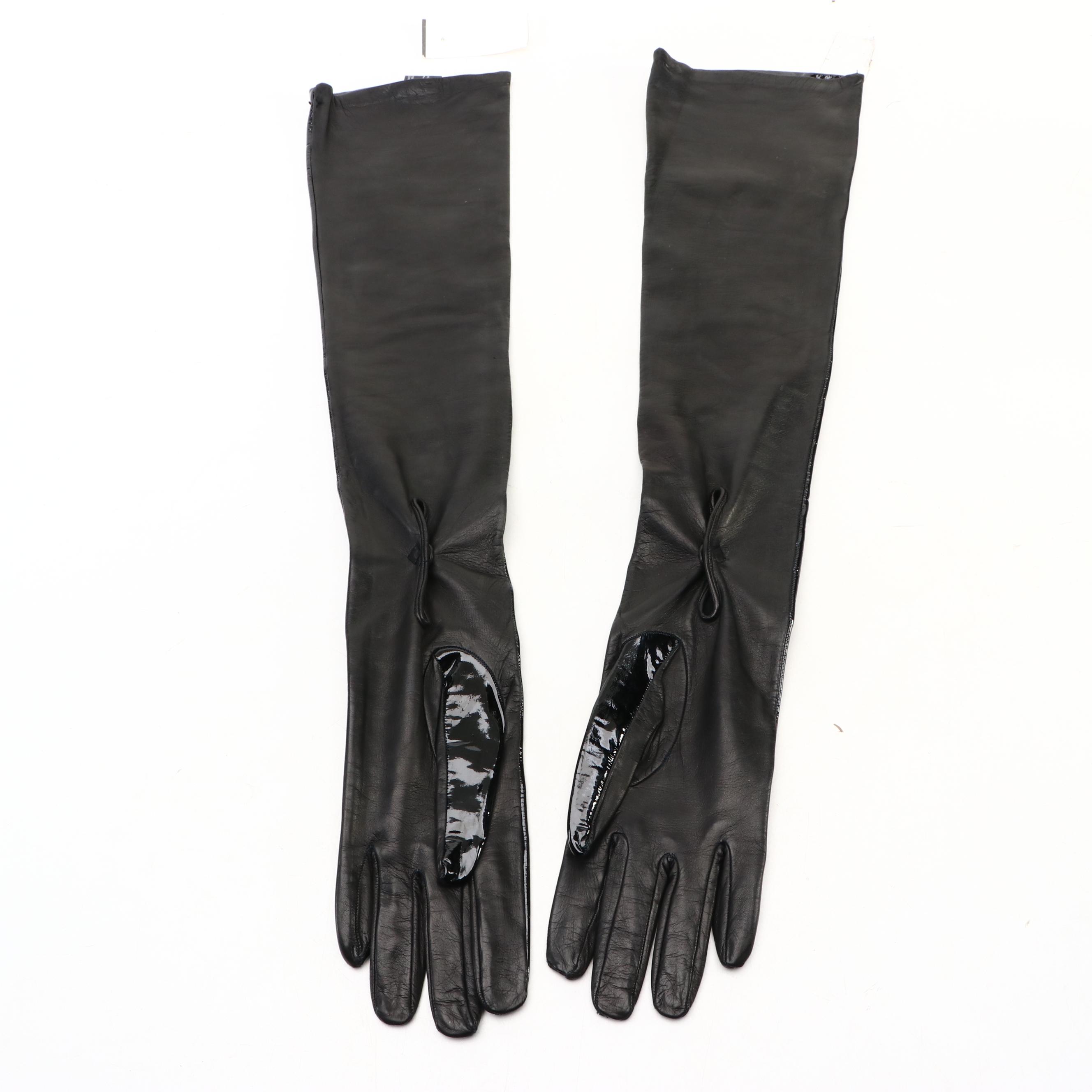 Prada Black Patent and Lambskin Leather Long Gloves