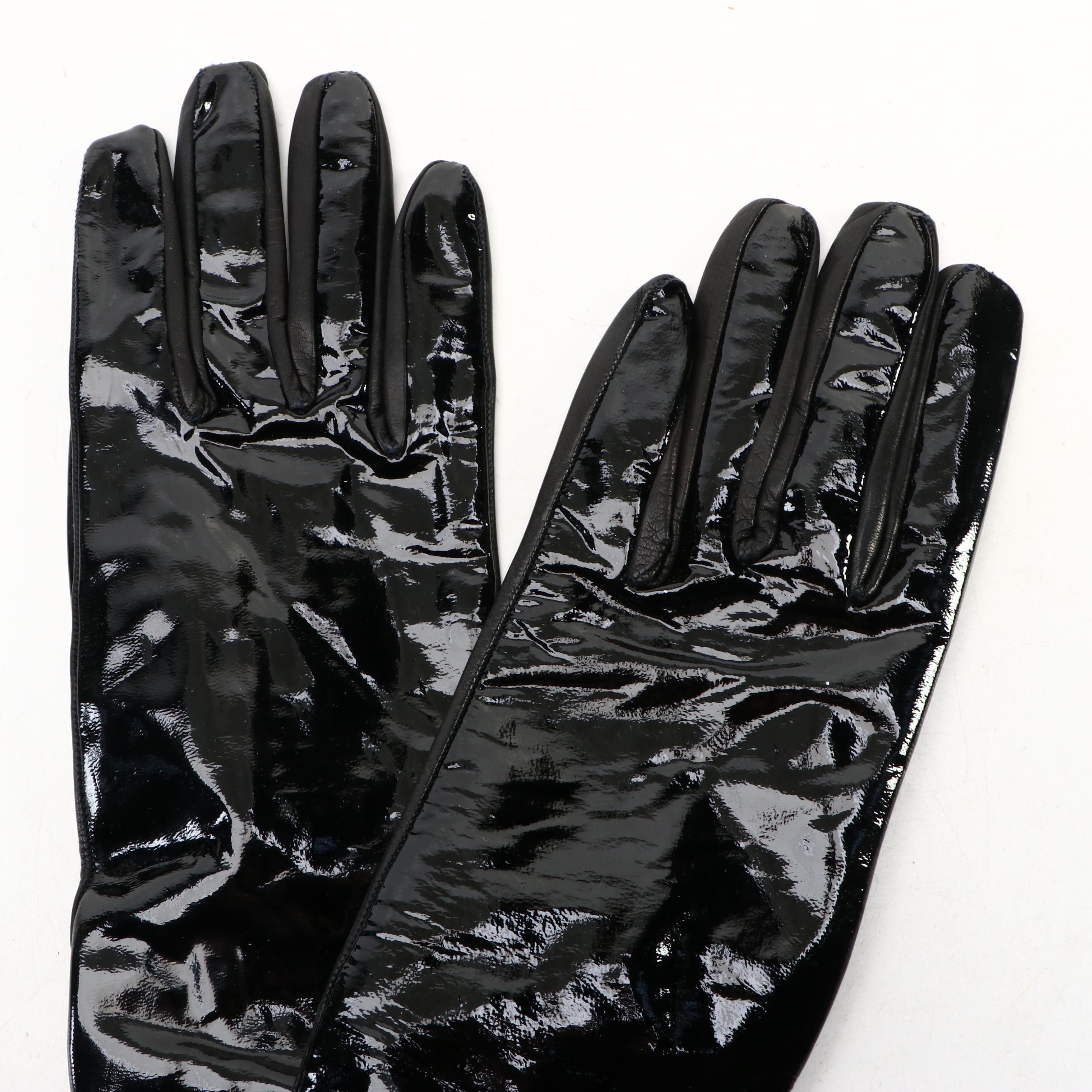 Prada Black Patent and Lambskin Leather Long Gloves