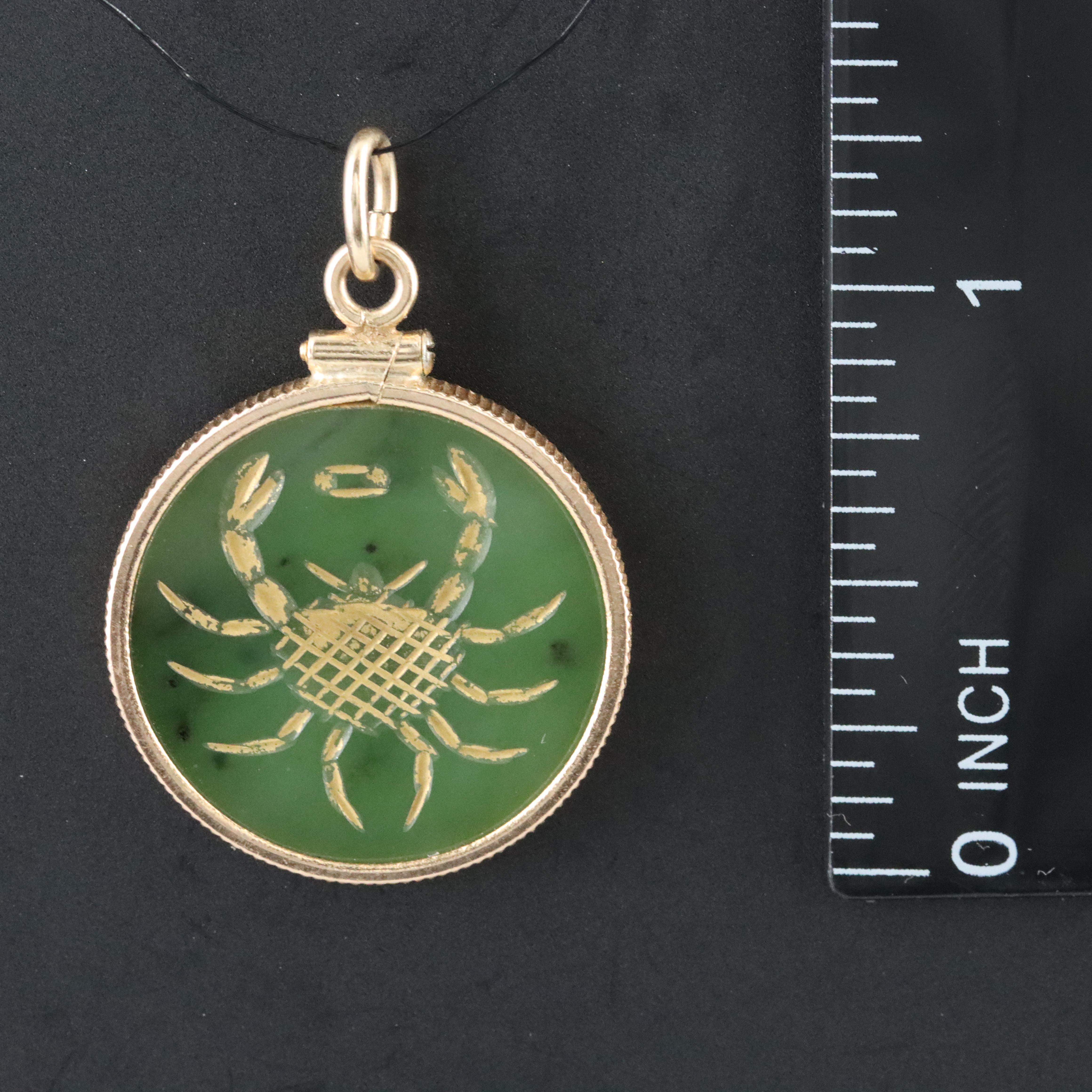 Vintage 14K Nephrite Cancer Zodiac Intaglio Pendant