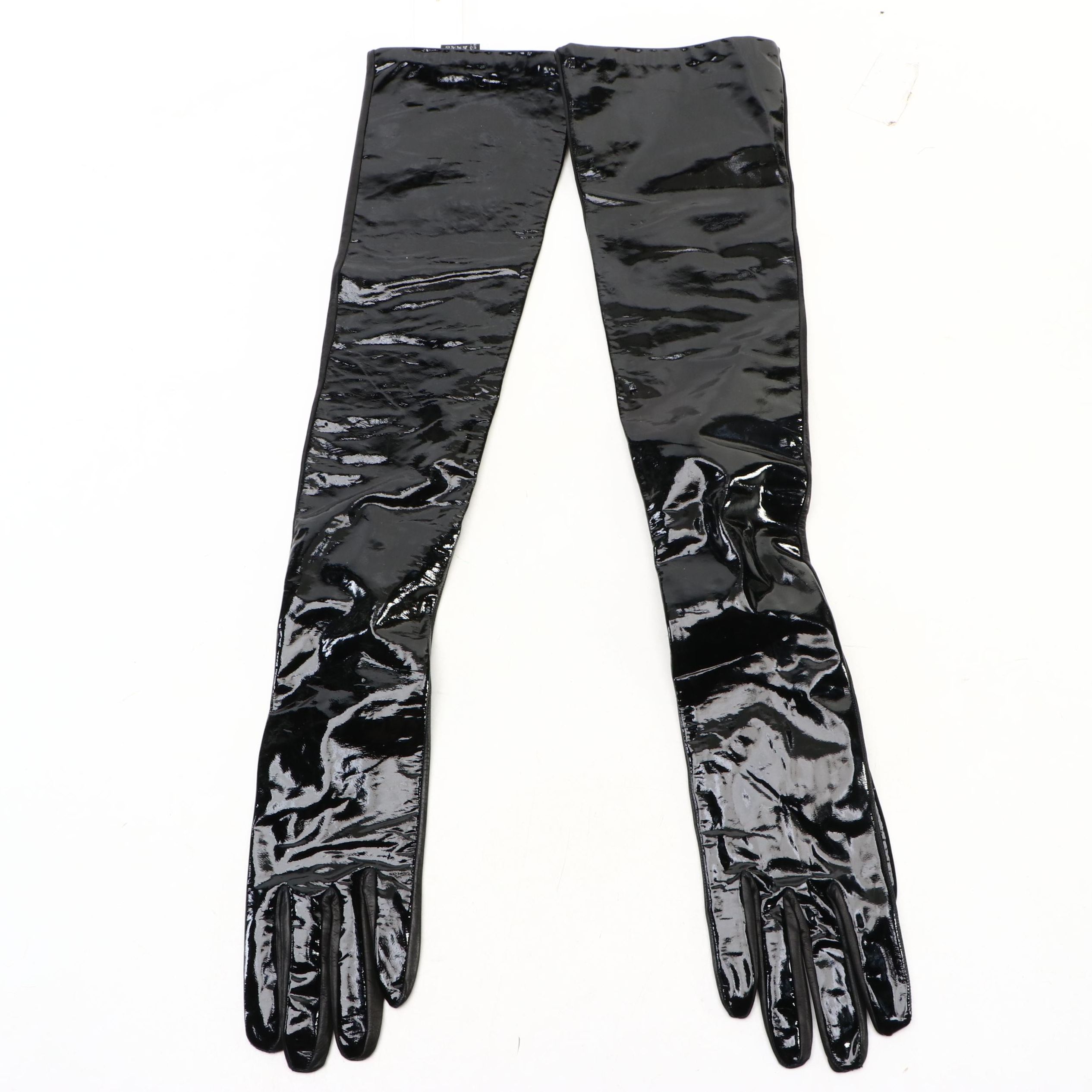 Prada Black Patent and Lambskin Leather Long Gloves