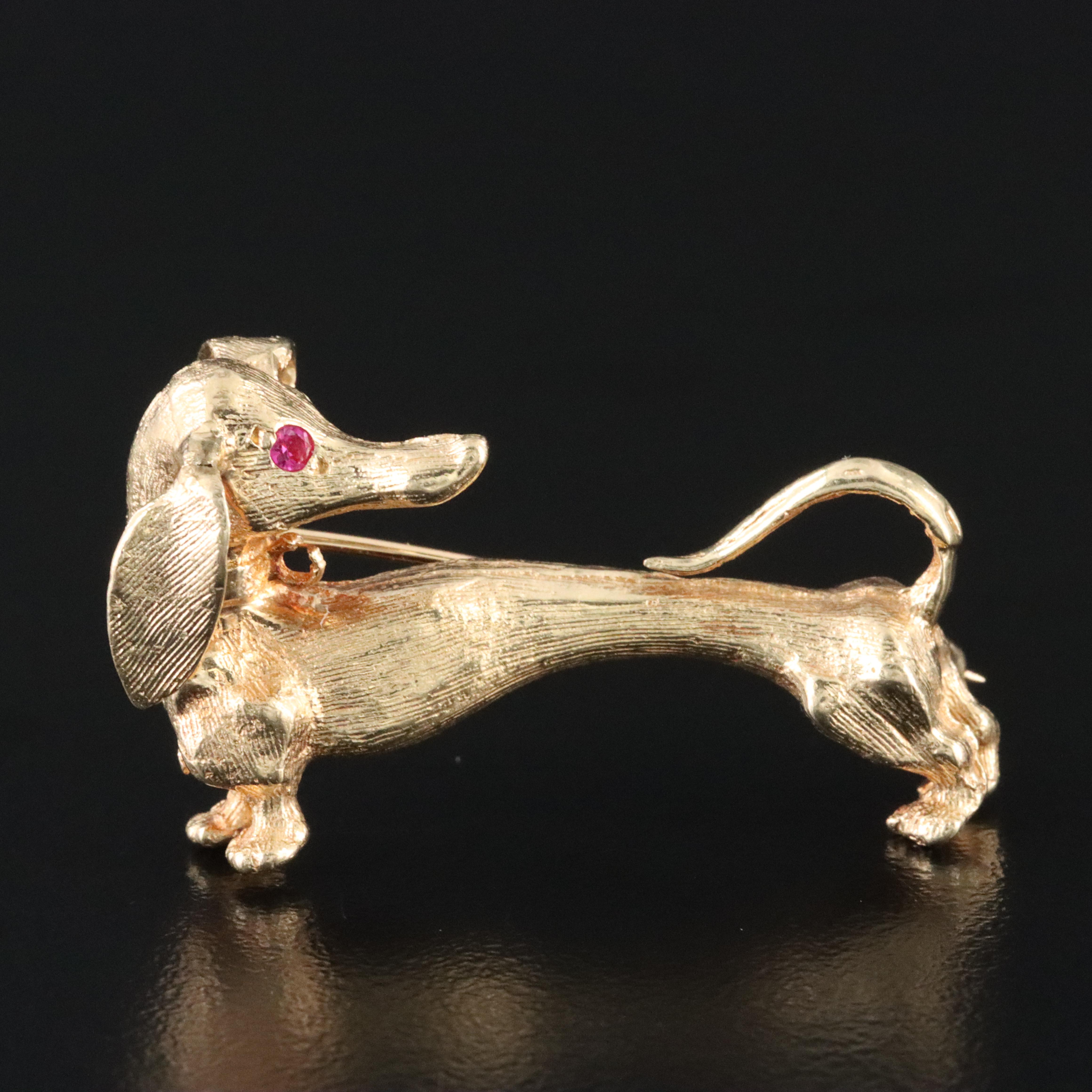 14K Dachshund Dog Brooch with Ruby Eye