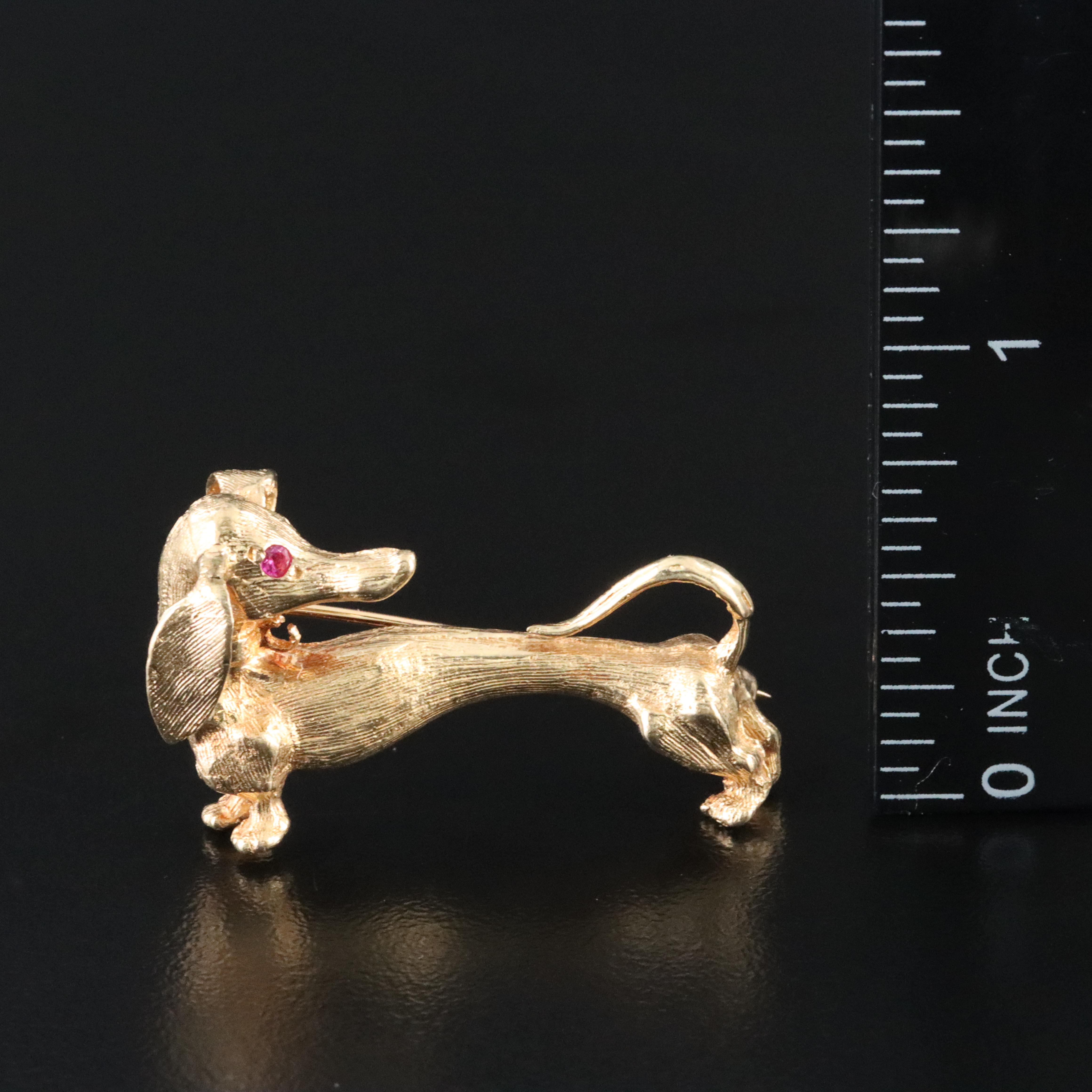 14K Dachshund Dog Brooch with Ruby Eye