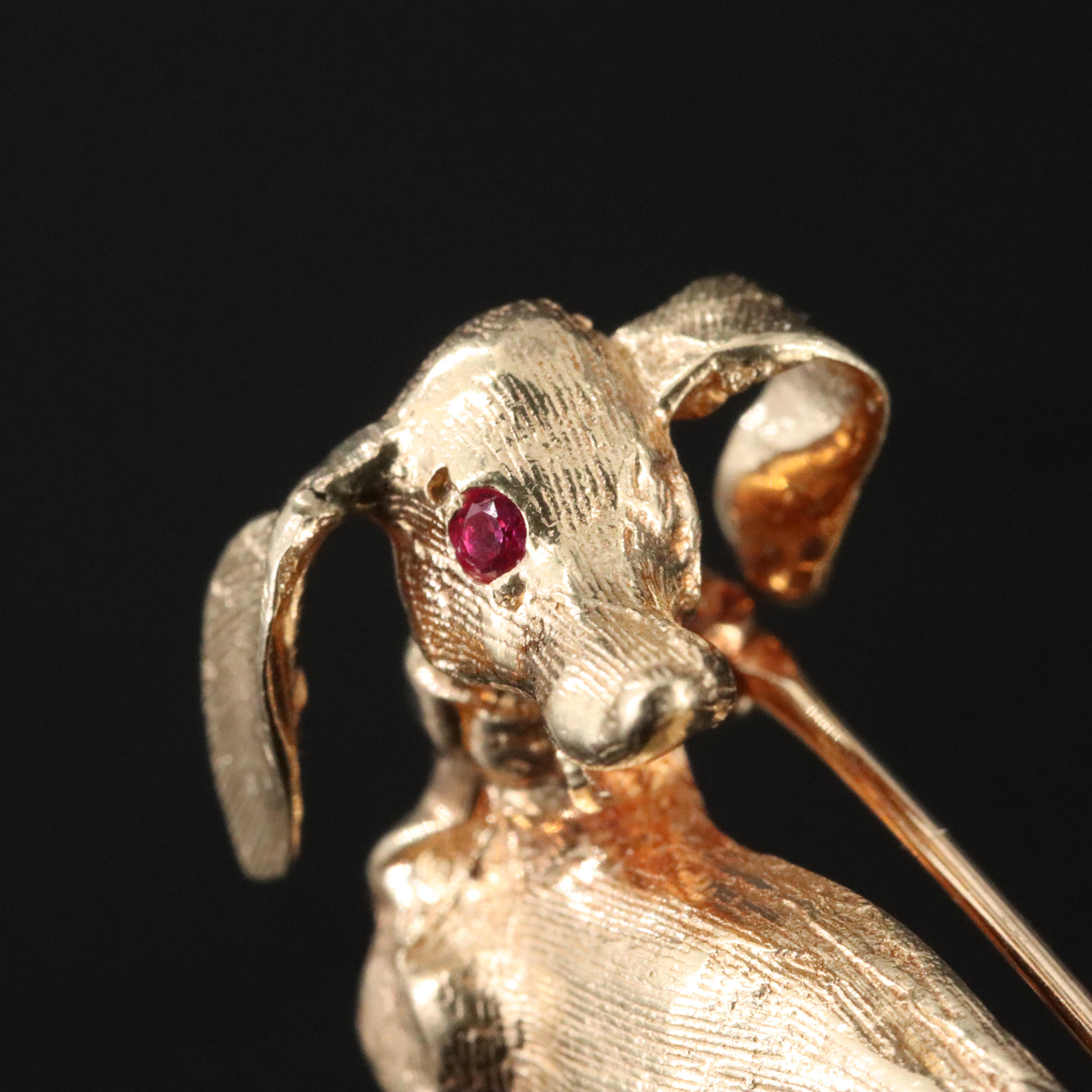 14K Dachshund Dog Brooch with Ruby Eye