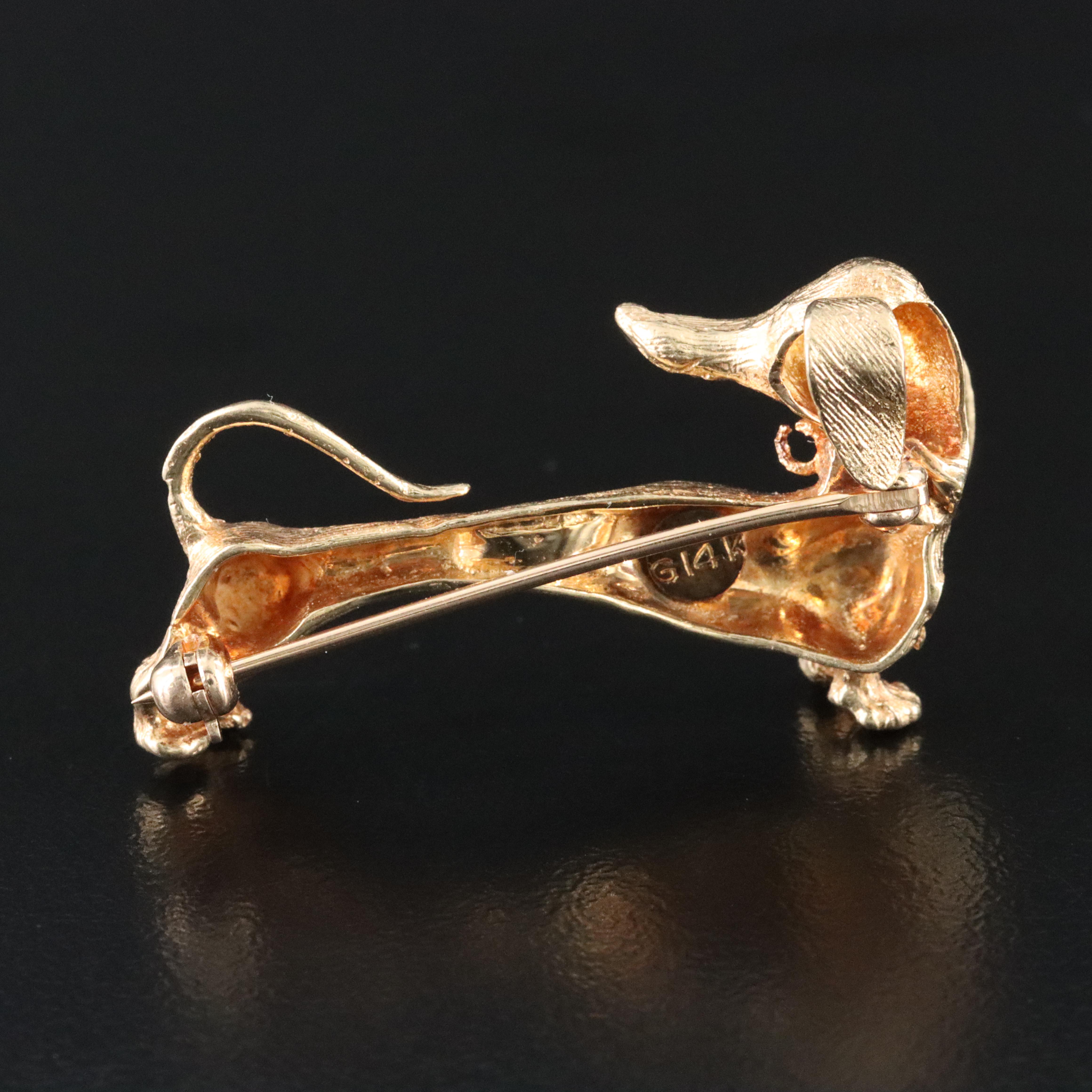 14K Dachshund Dog Brooch with Ruby Eye