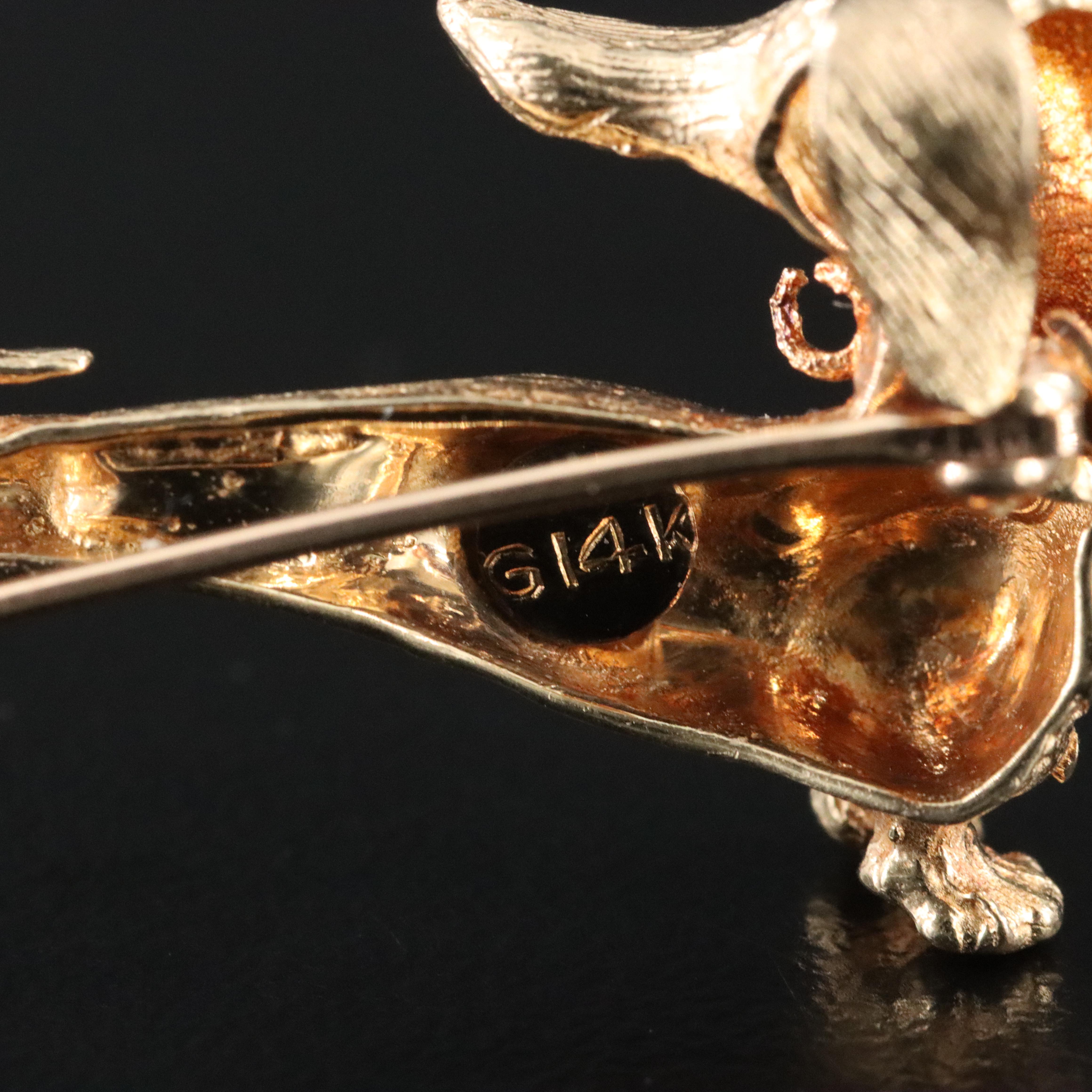 14K Dachshund Dog Brooch with Ruby Eye