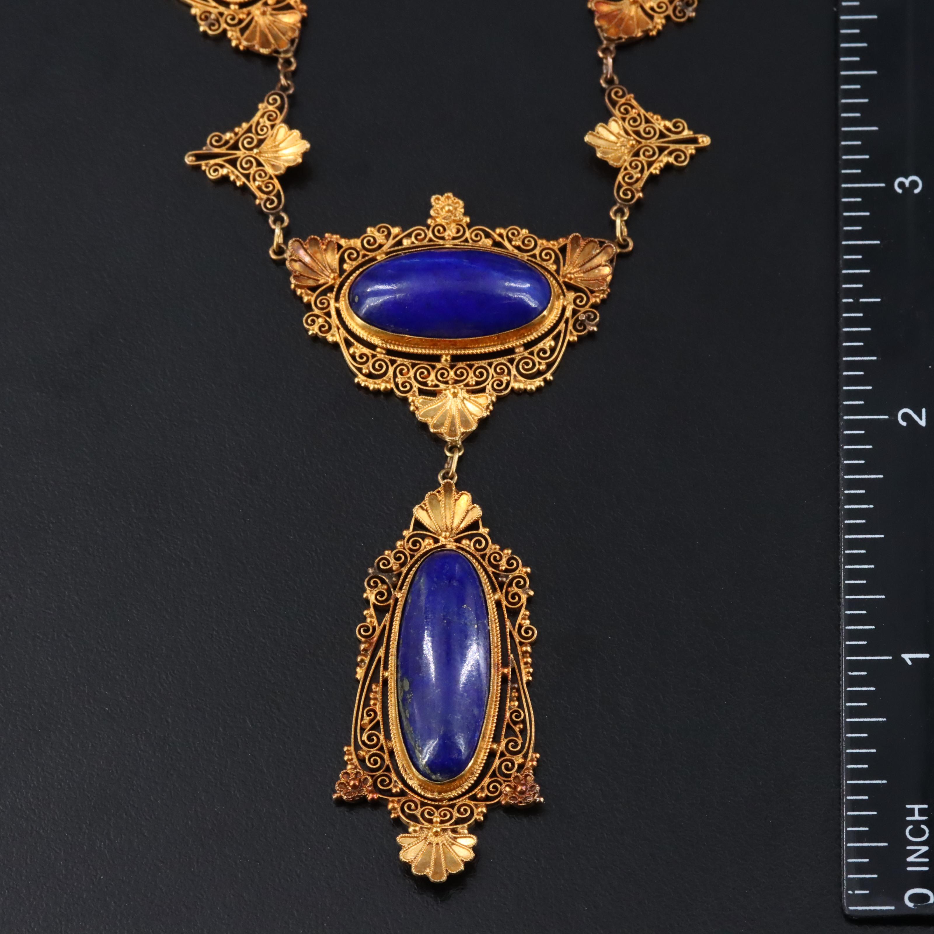 Victorian Etruscan Revival 18K and 14K Lapis Lazuli Cannetille Necklace