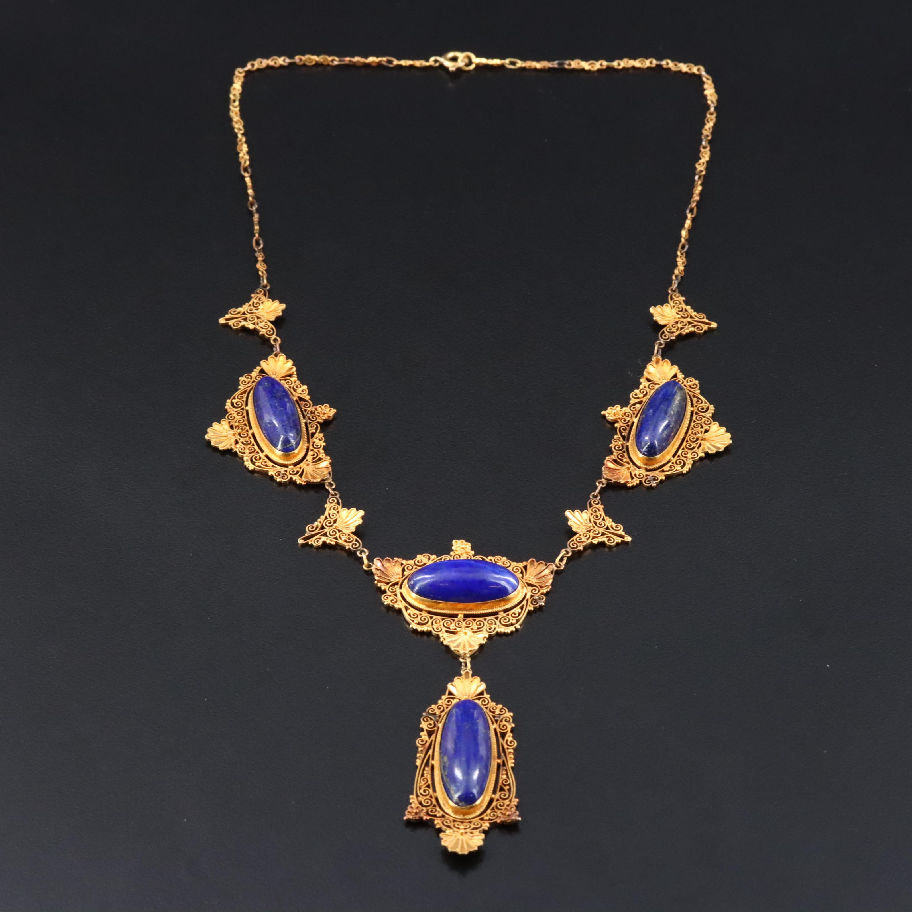 Victorian Etruscan Revival 18K and 14K Lapis Lazuli Cannetille Necklace