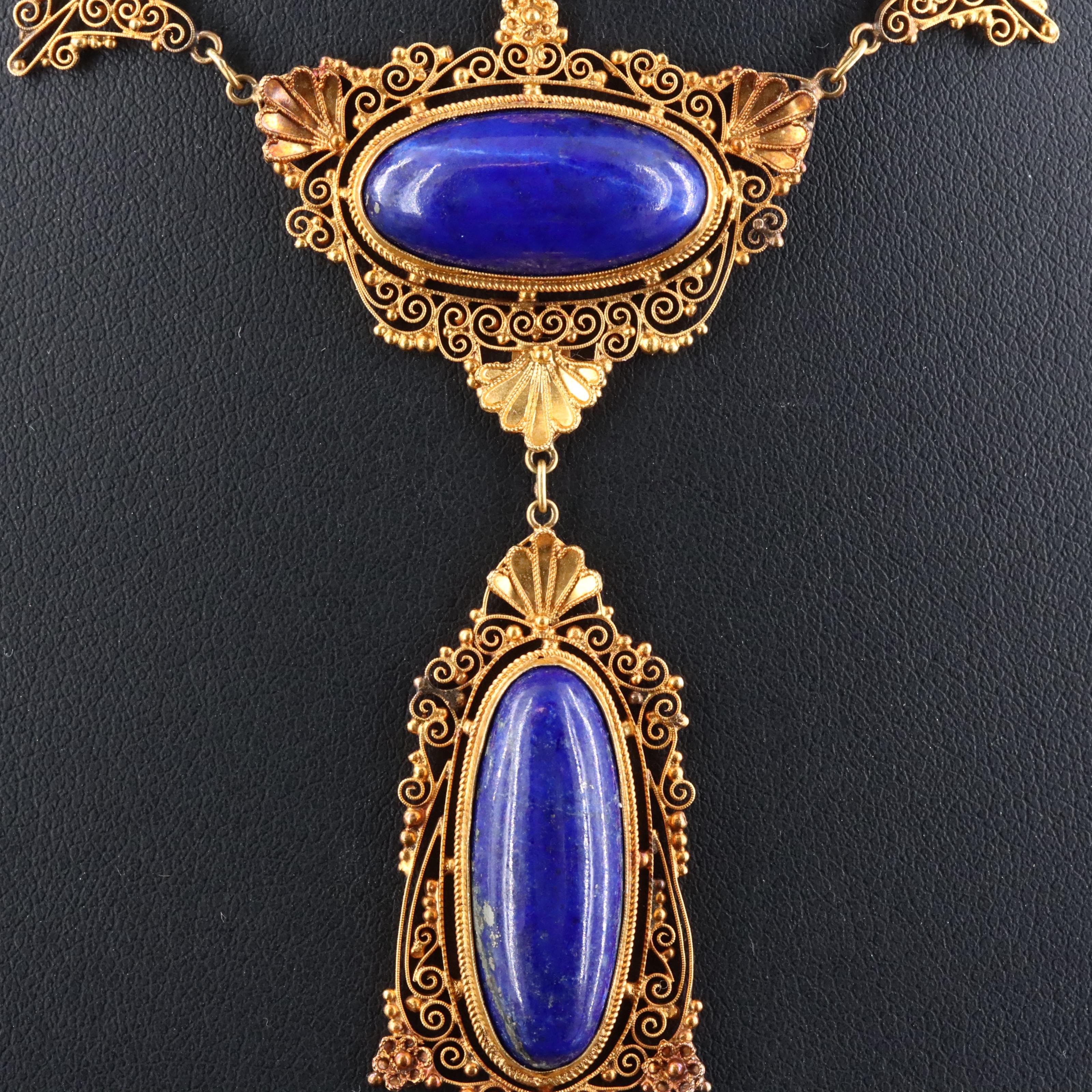 Victorian Etruscan Revival 18K and 14K Lapis Lazuli Cannetille Necklace